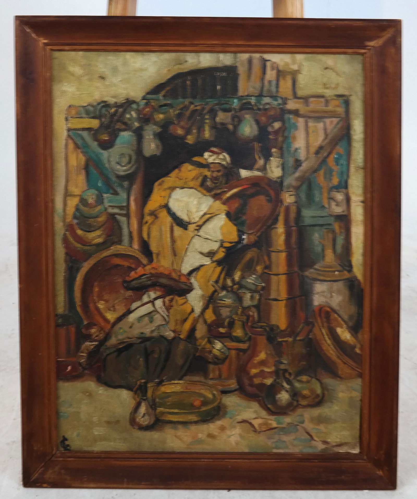 Possibly Georges LACOMBE: Market Scene - O/C: Painting of Middle Eastern market scene, oil on canvas, signed with "GL" monogram lower left. [Art: 24 x 18 inches; Frame: 27 1/2 x 21 1/2 inches]. Yellowing to surface.