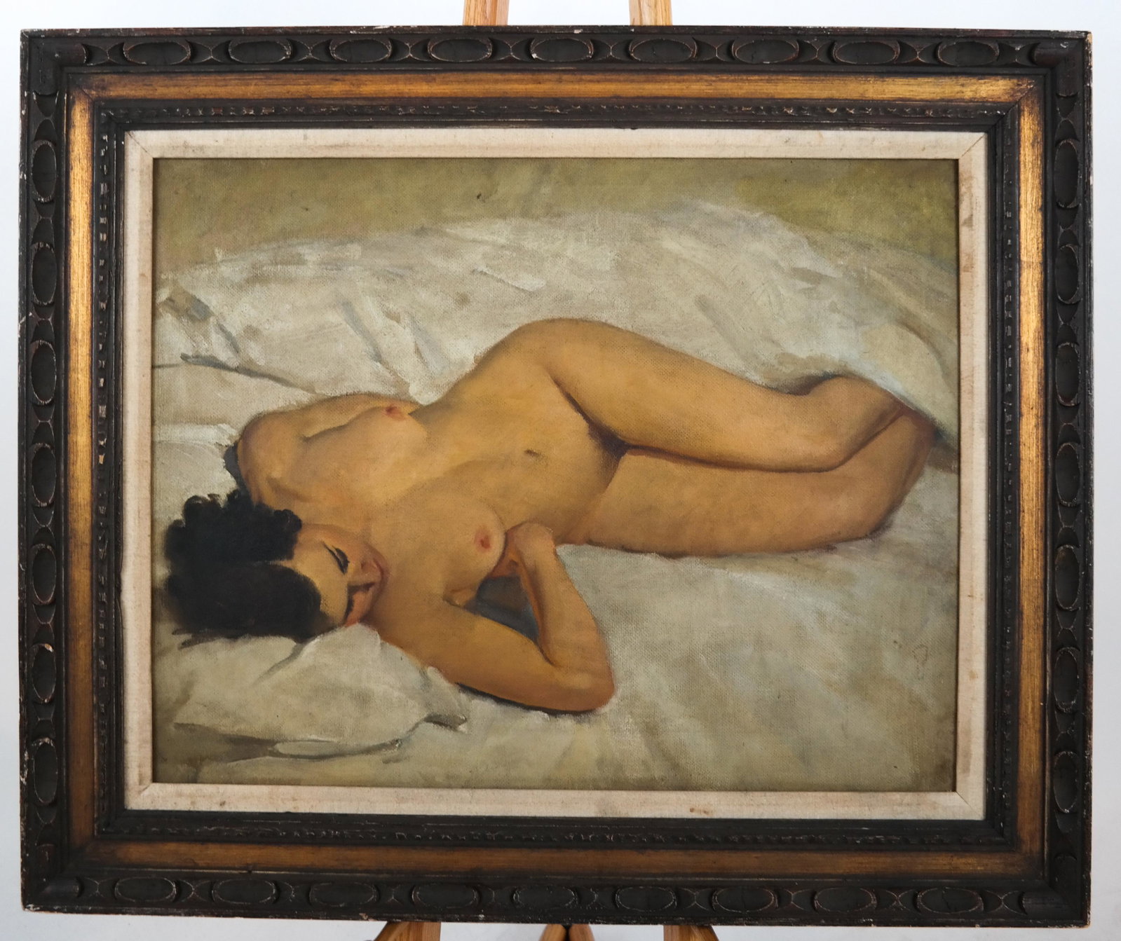 Reclining Nude - Oil on Canvas, Framed: Reclining nude, framed oil on canvas, signature not found. [Art: 24 x 30 inches; Frame: 30 x 36 inches]. In good condition.