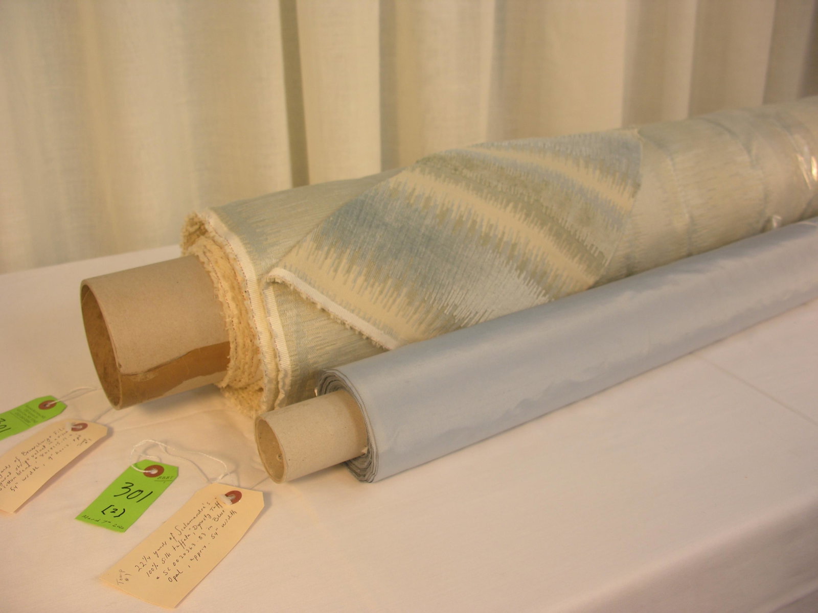 Brunschwig & Fils Velvet and Scalamandre Taffeta: 1) 8 1/2 yards of Brunschwig's soft blue, celadon and cream cotton and viscose figured cut, loop and voided striped Ikat-style velvet, #8018115.13.0. Design repeats of 3 1/2 inches vertical by 9 inche