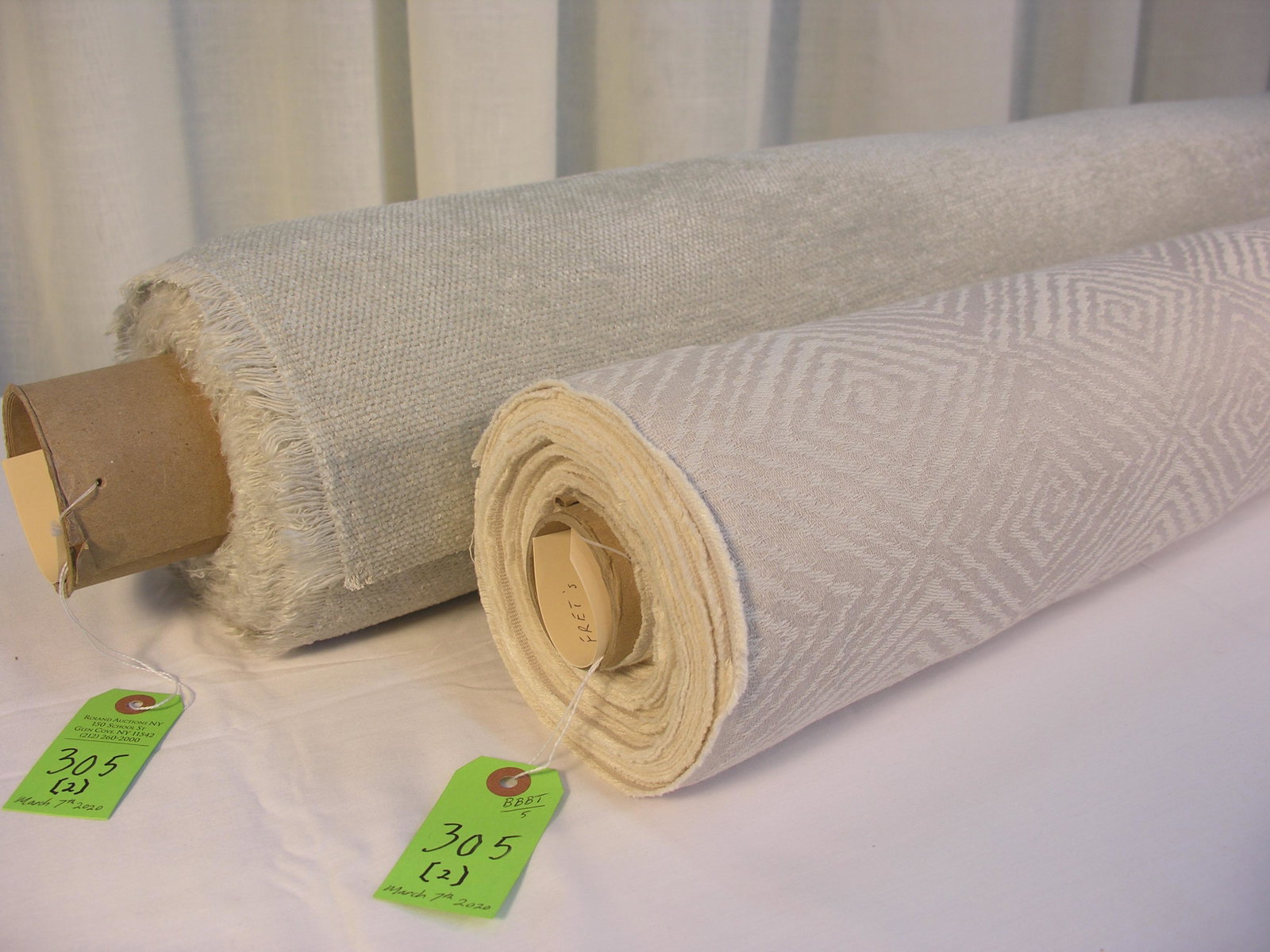 FRET's Platinum Linen and Romo's Chenille: 1) 22 yards of FRET's Fabrics "Labyrinth" # 65-2, colorway "Platinum", a versatile geometric linen jacquard, at 54 inches wide. The soft tone-off-tone neutral color allows for easy scheming. 2) 8 yard