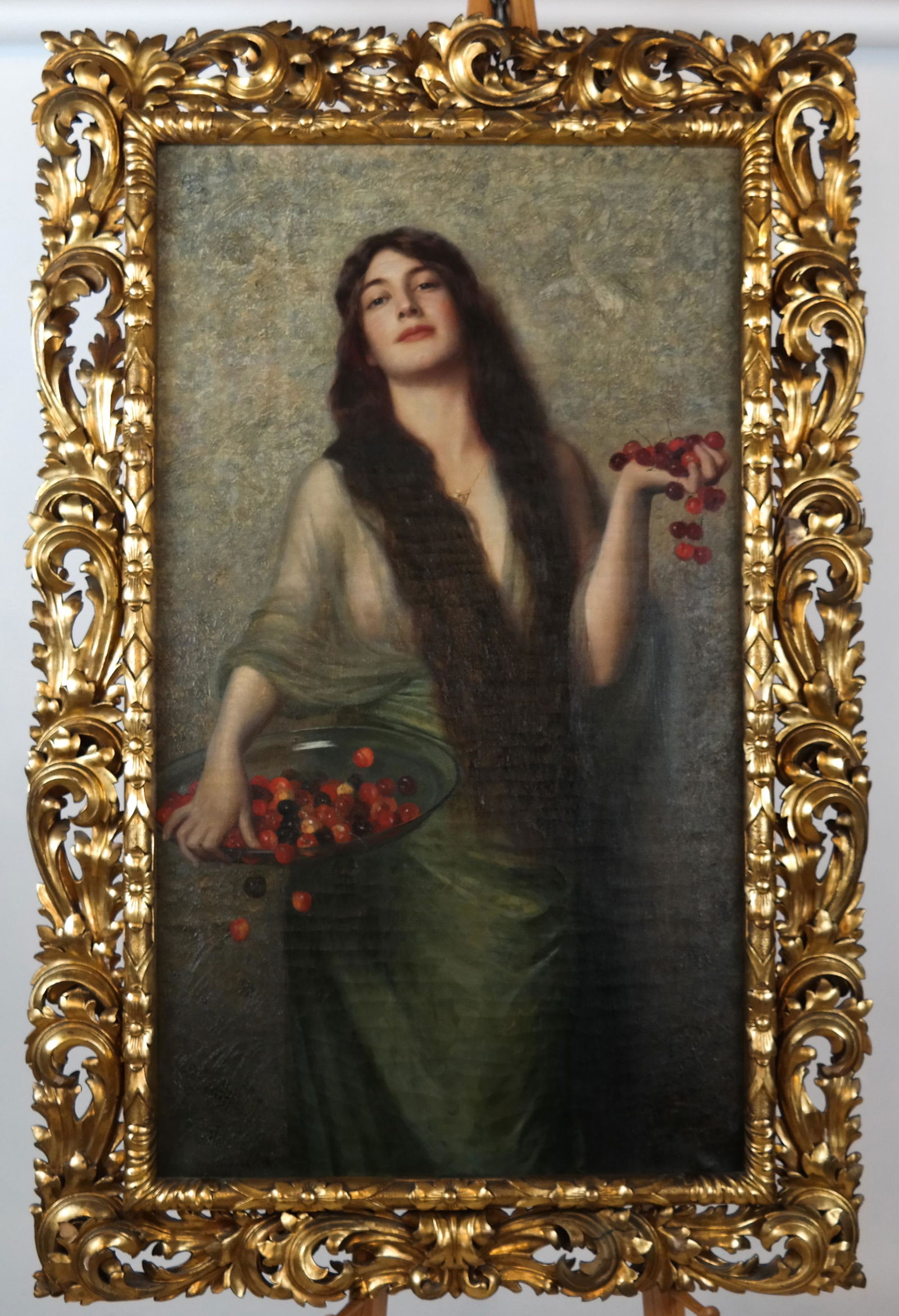 Max NONNENBRUCH: Girl w/ Bowl of Cherries - O/C: Portrait of a young girl holding a bowl of fruit in one hand and a cluster of fruit in the other, by Max Nonnenbruch (German, 1857-1922), in period frame. Signed "M. Nonnenbruch" lower right. From the