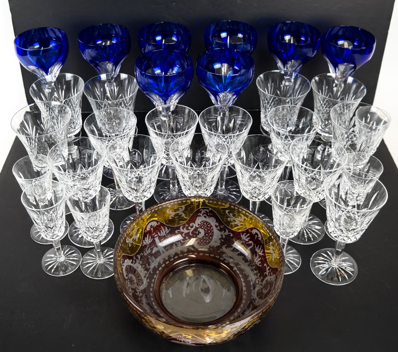 Bohemian Glass Bowl, 8 Cobalt Stems, 22 Crystal (1 of 13)
