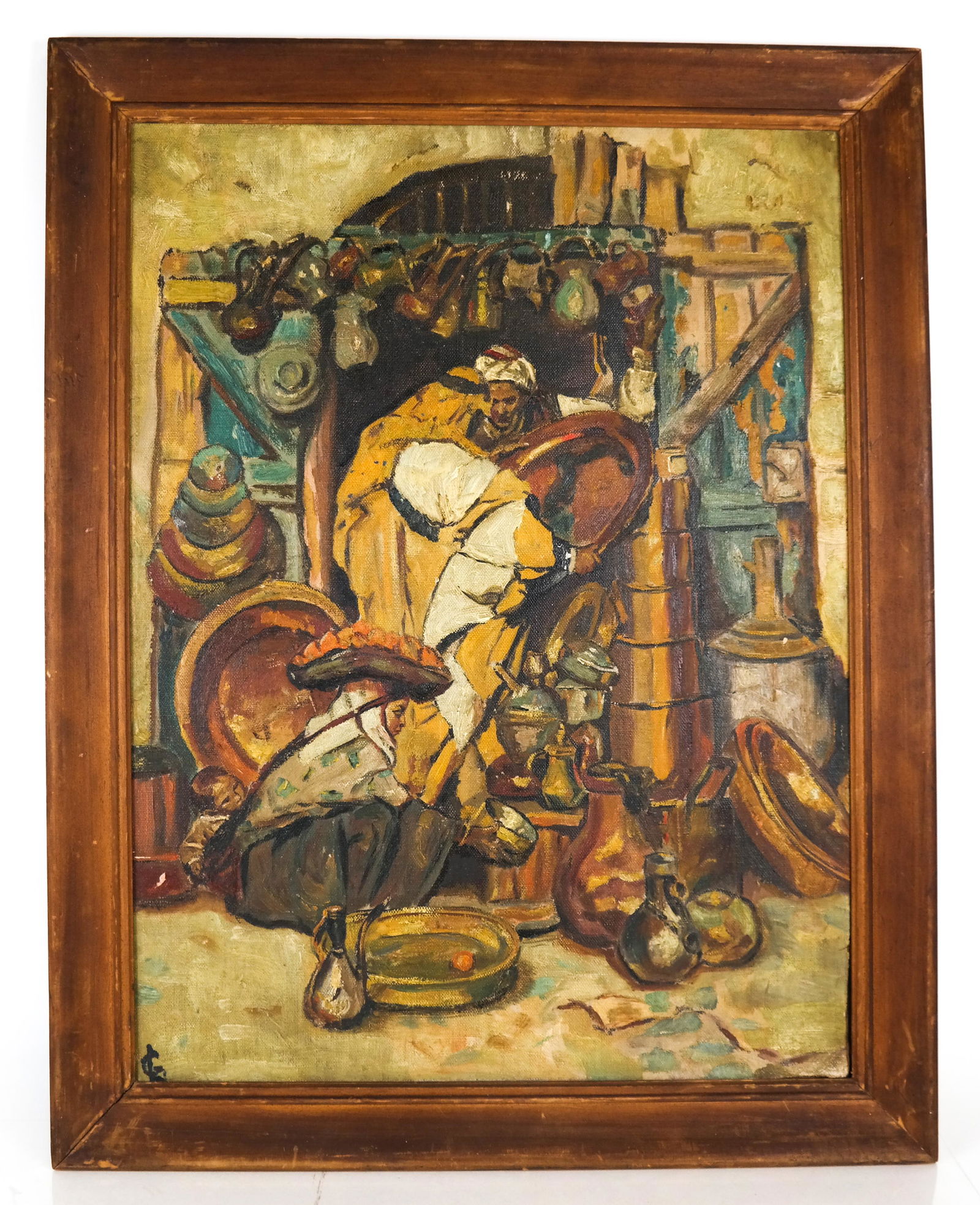 Georges LACOMBE: Market Scene - O/C: Painting of Middle Eastern market scene, oil on canvas, signed with "GL" monogram lower left. [Art: 24 x 18 inches; Frame: 27 1/2 x 21 1/2 inches]. Yellowing to surface. Provenance: private collection