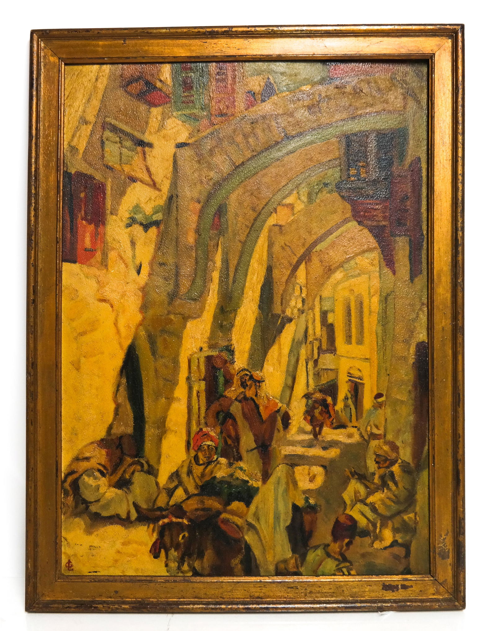 Georges LACOMBE: Market Scene - O/B: Painting of Middle Eastern market scene, oil on board, signed with "GL" monogram lower left. [Art: 23 x 16 3/8 inches; Frame: 25 5/8 x 19 inches]. Yellowing to surface. Provenance: private collection