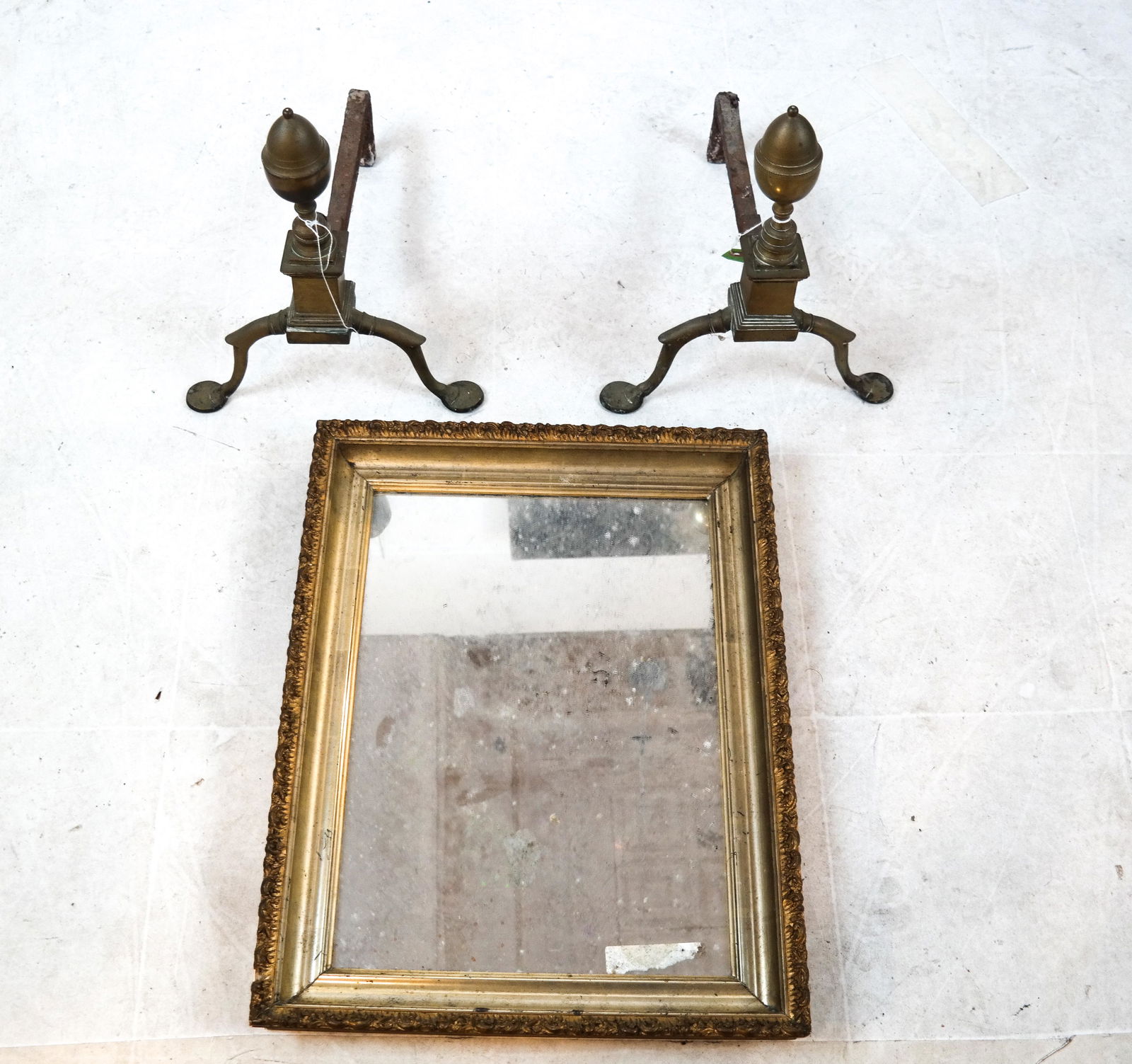 Pair Antique Andirons, Carved Mirror (1 of 6)