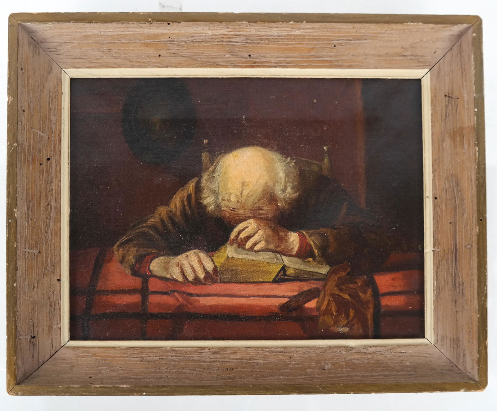 Painting: Scholar Asleep at His Desk - Oil on Canv: An oil on canvas of an elderly scholar asleep at his desk. [Art: 9 x 12 inches; Frame: 12 x 15 inches]. Abrasions.
