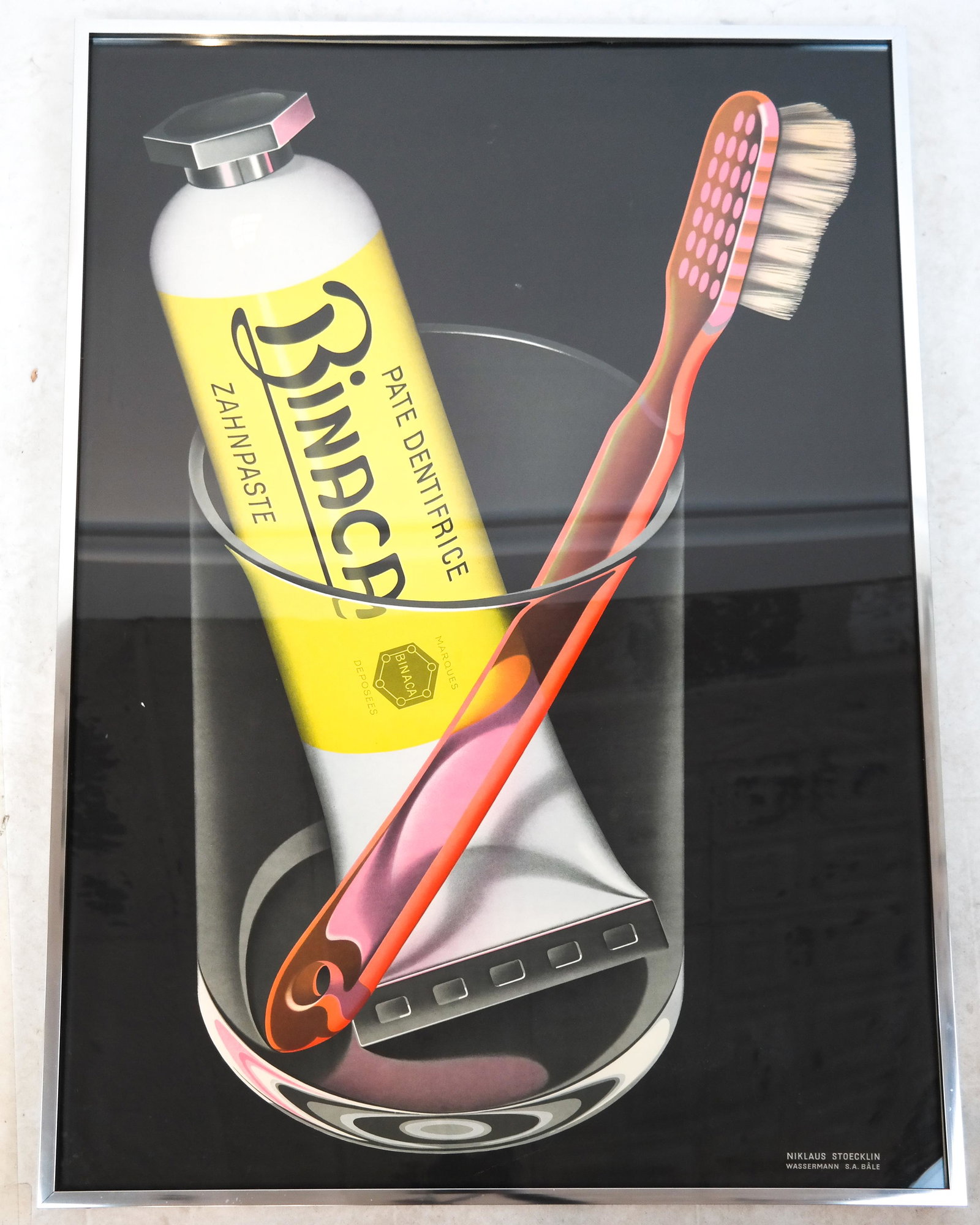 Nikalaus STOEKLIN: Binaca Ad Poster: Advertising poster for Binaca Pate Dentifrice, with an original bill of sale from Rose Hill Auctions. On fine paper, not mounted, with textured borders. [Image: 49 x 34 inches; Sheet: 50 1/4 x 35 1/2 