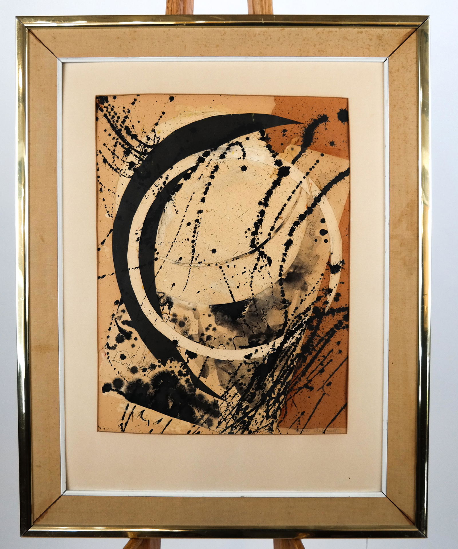 Nene SCHARDT: "Eclipse" - Mixed Media: Collage and india ink work, titled,"Eclipse". Frame with no glass. [Art: 24 x 18 inches; Frame: 28 1/2 x 22 1/2 inches].