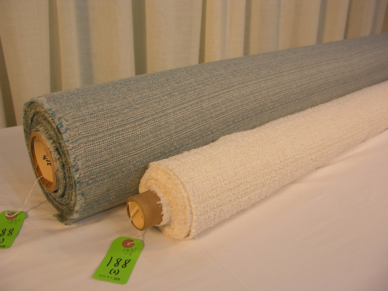 Perennial and FRET Sunbrella Fabrics: 1) 3 yards of Perennial's "In the Loop", #982-124, in colorway "Sea Salt". The white on cream creative upholstery is 55 inches wide. 2) 21 1/4 yards of FRET's "Quintana", #101-1, colorway "Horizon", i