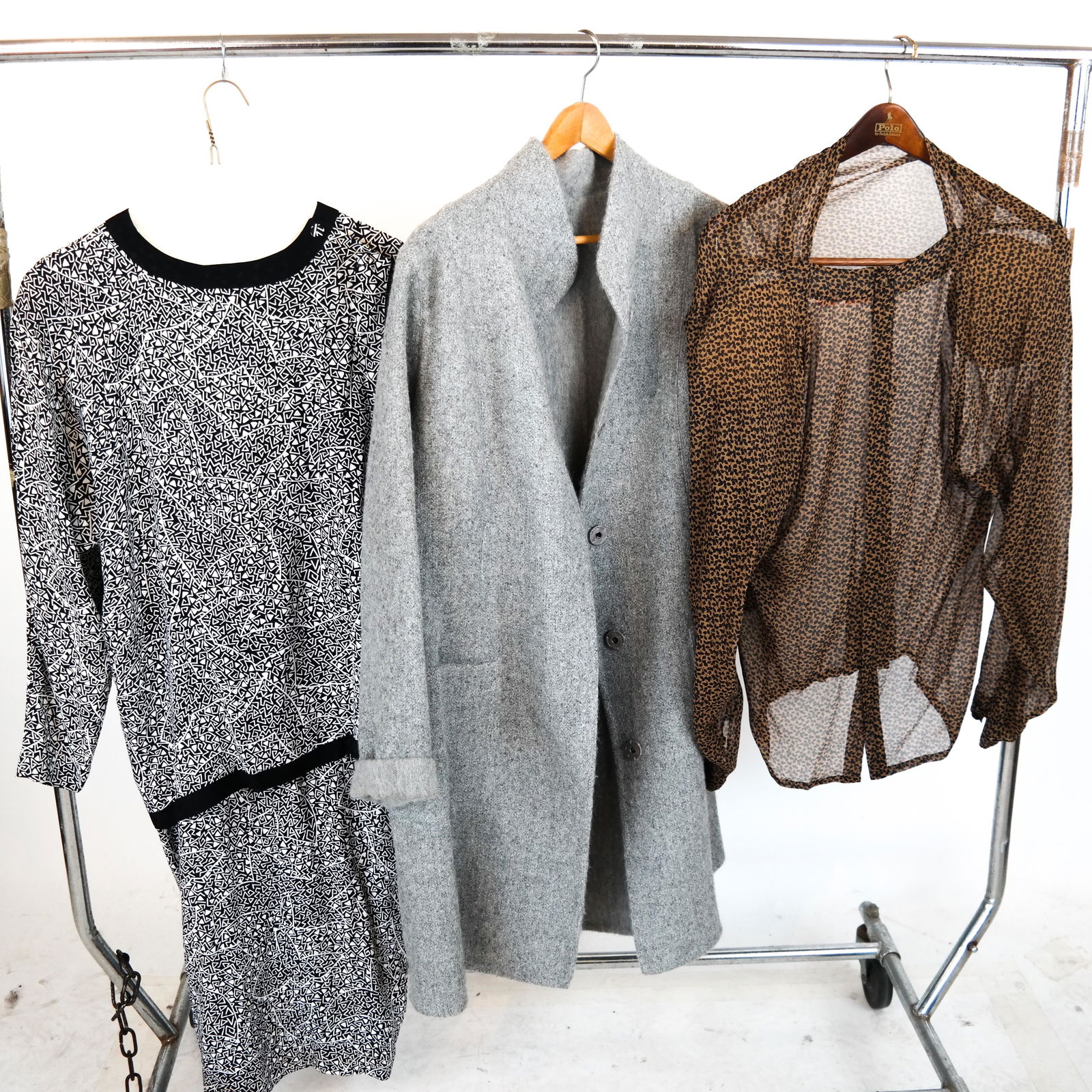 LOEWE Blouse, GUY LAROCHE Dress, Other: Loewe chiffon blouse, size 42, a Guy Laroche silk dress, size 42, and a lightweight wool overcoat, open size. In good condition.