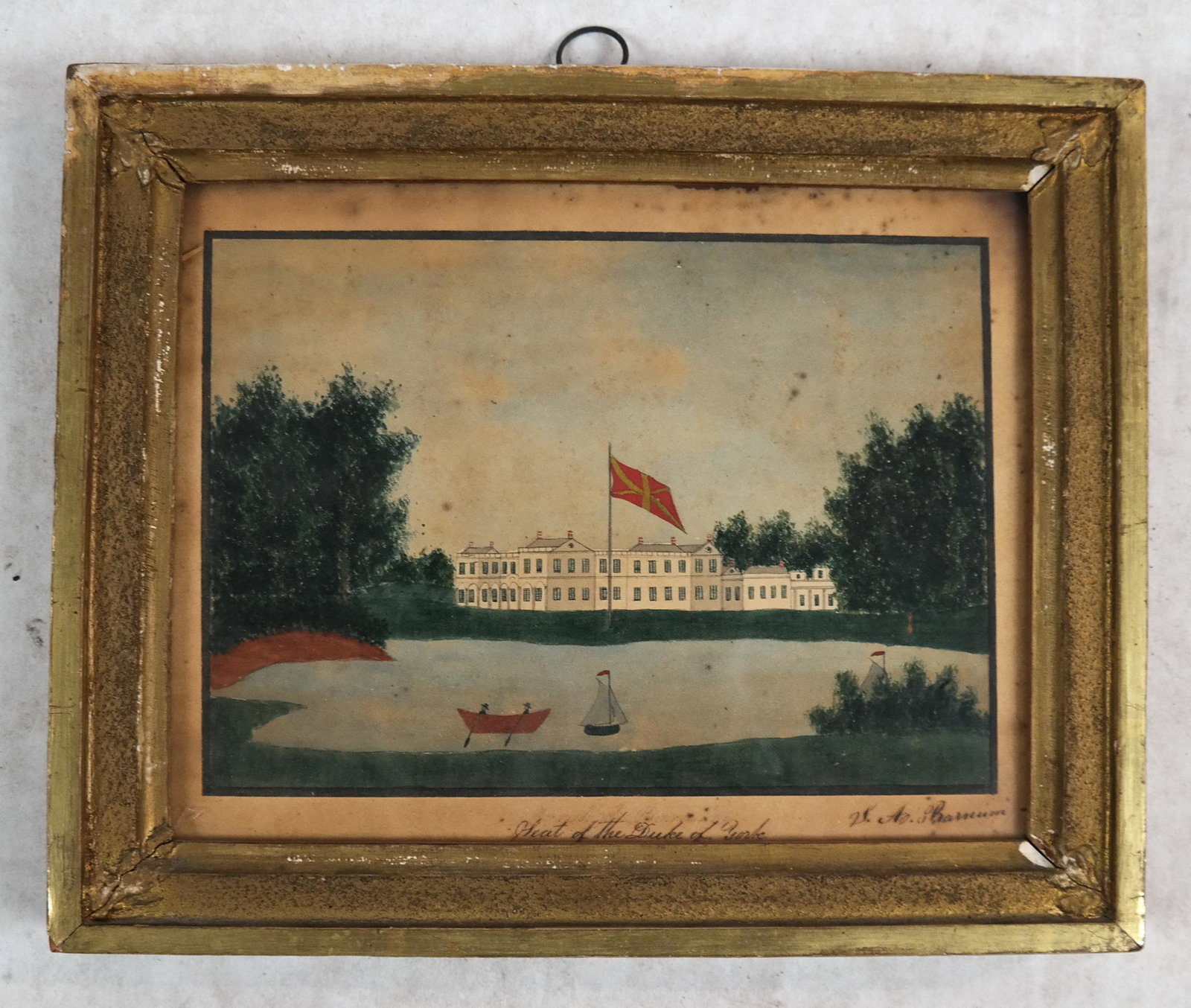 W.A. BARNUM: Seat of the Duke of York - Watercolor: W. A. Barnum, signed lower right, titled "Seat of the Duke of York",. Watercolor on paper mounted to board. [Image: 5 1/2 x 7 3/4 inches; Frame: 8 3/4 x 10 3/4 inches]. Foxing; toning.