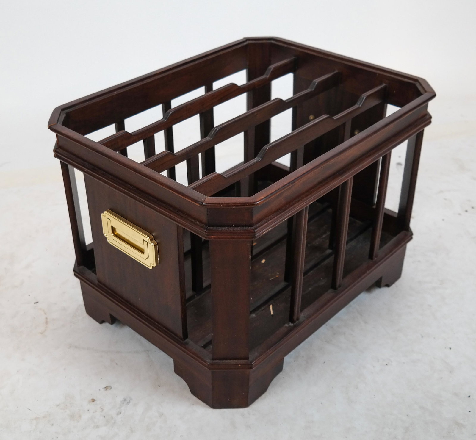 Mahogany Canterbury with Brass Handles: Mahogany canterbury with brass handles. [13 1/2 x 19 1/4 x 15 1/4 inches]. In good condition.
