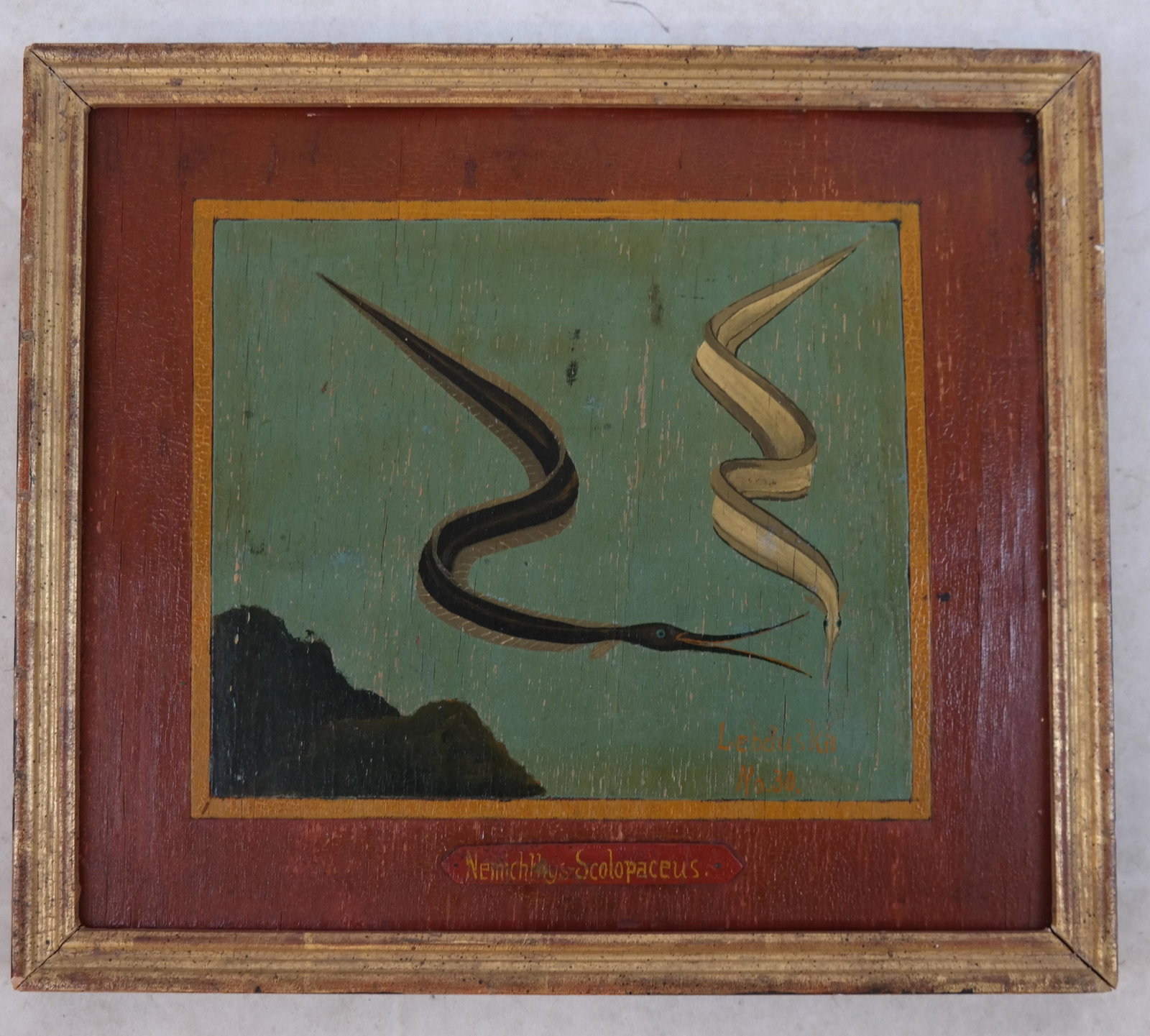 Lawrence LEBDUSKA: Eels - Oil on Wood: Lawrence Lebduska, Eels, oil on wood, #30. [Art: 8 x 9 1/2 inches; Frame: 13 x 15 inches].