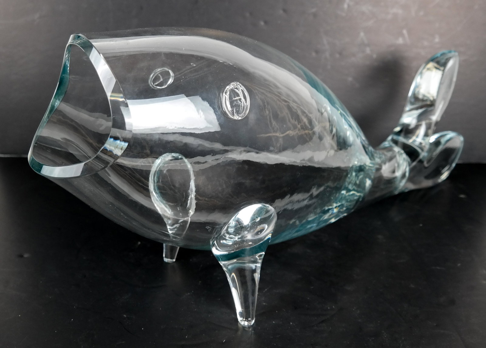Blenko-Manner Crystal Fish Sculpture: Crystal fish sculpture / terrarium / vase, possibly Blenko, Sweden, mid-20th century. [9 1/2 x 21 x 5 inches]. In good condition.