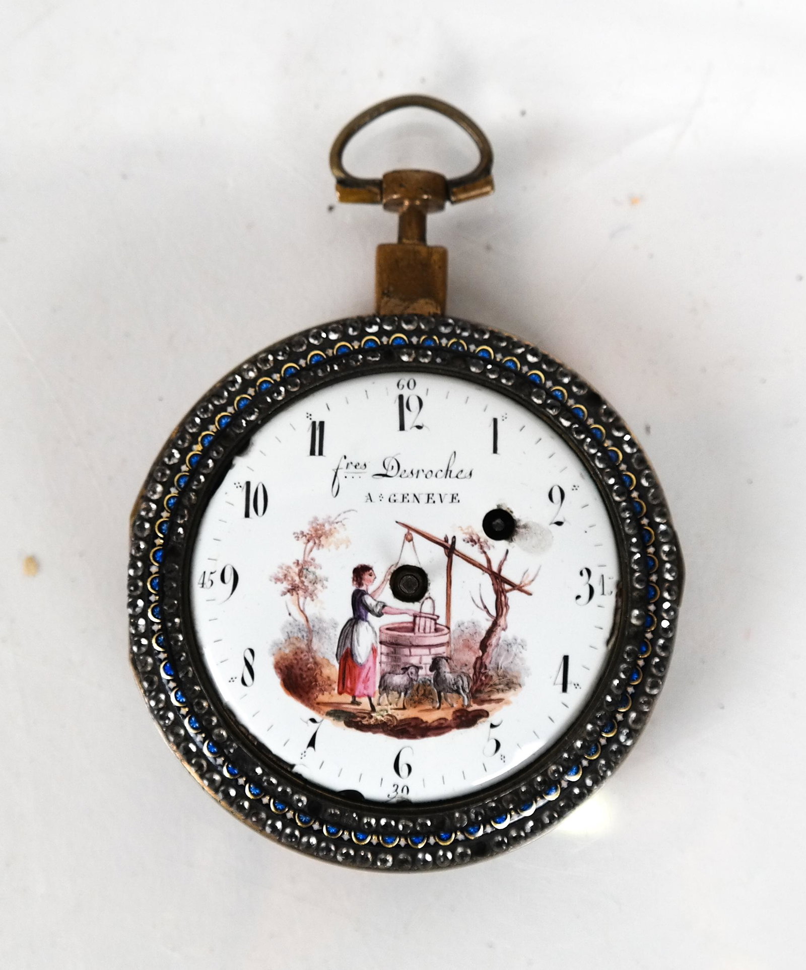 Fres. Desroches Pocket Watch: Fres. Desroches pocket watch, with painted porcelain face and rhinestone encrusted bezel. Back missing; no hands.