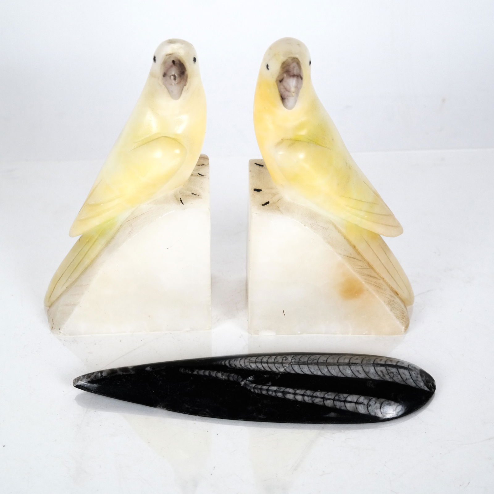 Pair Alabaster Parrot Bookends & A Trilobite (1 of 15)