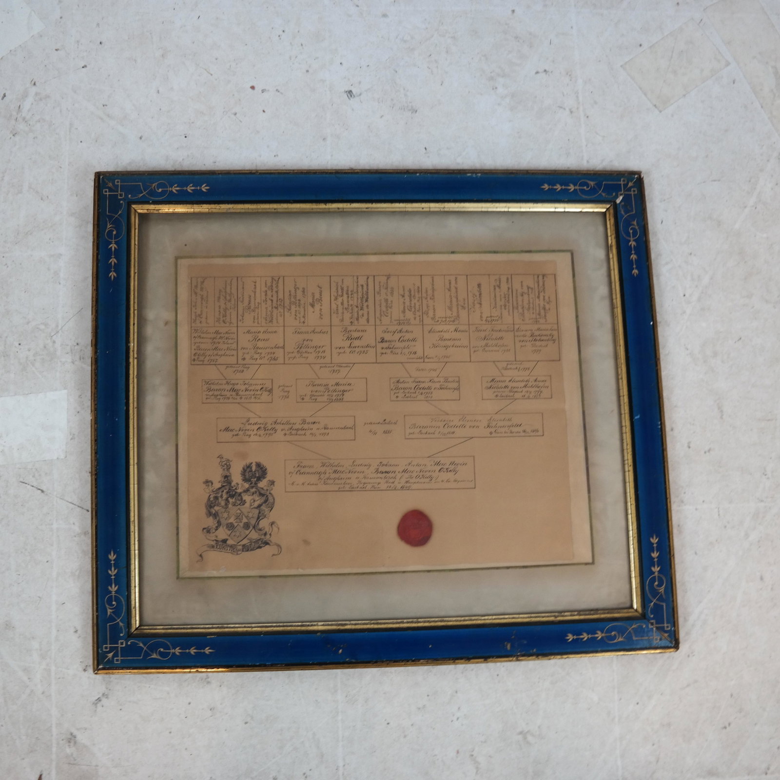 Antique Framed Family Tree: Antique framed family tree, containing the names "Maria Anna Rouss", "Baron Codelli" and "Mac Nevin O'Kelly", and others. [Frame: 21 1/2 x 24 inches].
