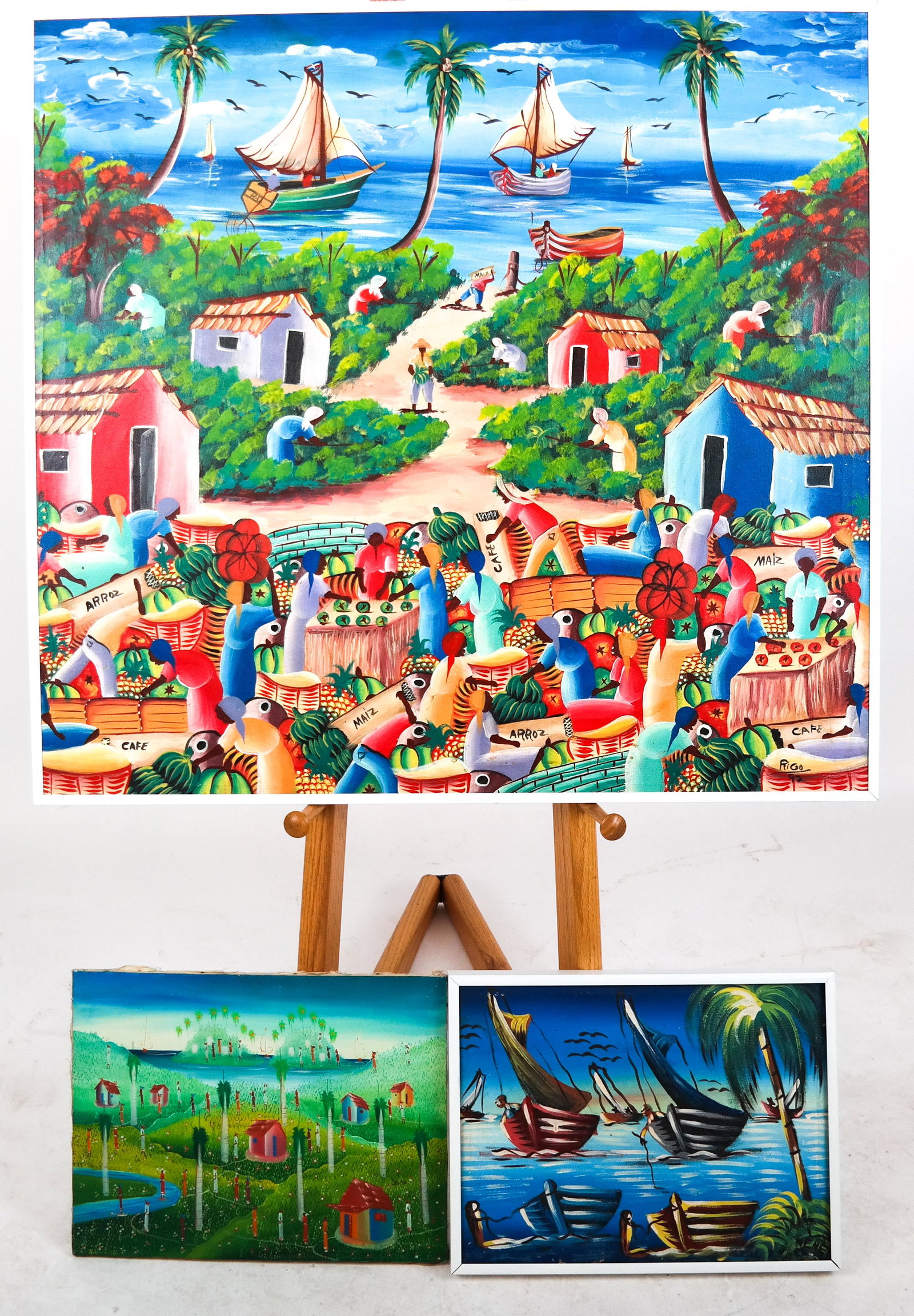 3 Caribbean Art Works: RIGO 92, NENEL, Other: 1) Colorful Haitian landscape, oil on canvas, signed lower right "Rigo 92" [Art: 32 1/2 x 34 1/2 inches; Frame: 33 1/4 x 35 1/4 inches]; 2) an oil on canvas depiction of boats and seashore, signed "Ne