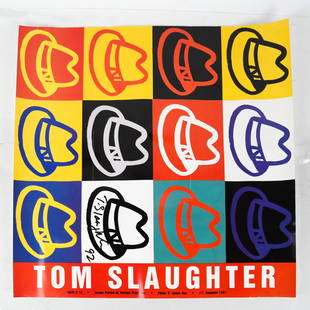 Tom SLAUGHTER: "Hats x 12" - Signed Print: Tom Slaughter (American, 1955-2014) "Hats x 12", screenprint, featuring his iconic hat image repeated in 12 squares, printed by Durham Press, 1991, unframed, signed in black marker "Slaughter 92". [20