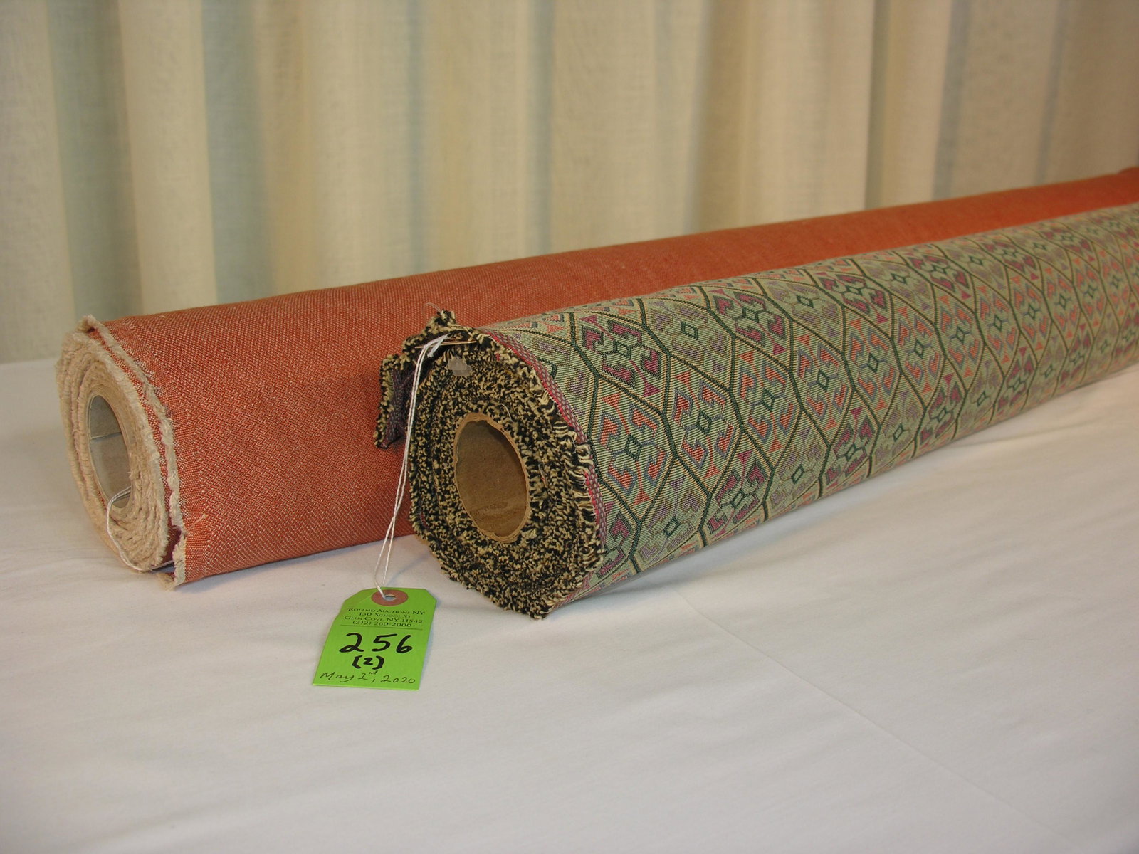 Rogers & Goffigon Twill & Companion Fabrics / Textiles: 1) 8 3/4 yards of European cotton jacquard tapestry upholstery in a small-scale, stylized geometric, in colors of burnt sienna, wine and charcoal on aqua. Design repeats of 7 inches vertical by 3 1/2 