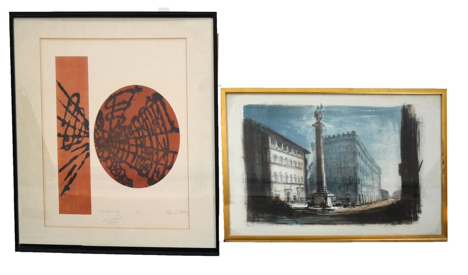 Two Works: "Place Vendome" & This Double Key": Two works - 1) Lithograph "Place Vendome" Ed 7/100, 2) "This Double Key" - Helen Goldbey, Ed 1/12. [Art: 23 x 32 inches; Frame: 28 x 29 1/2 inches]. Both in good condition.