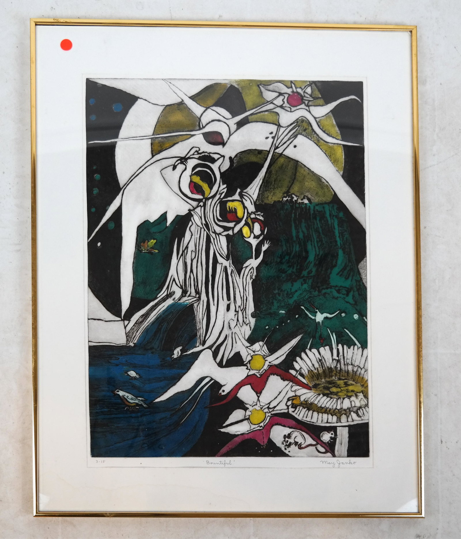 May JANKO: "Bountiful" - Intaglio Print: Color intaglio print titled "Bountiful", by May Janko (American, b. 1926), signed lower right. [Image: 23 1/2 x 17 1/4 inches; Frame: 31 x 24 1/4 inches]. In good condition.