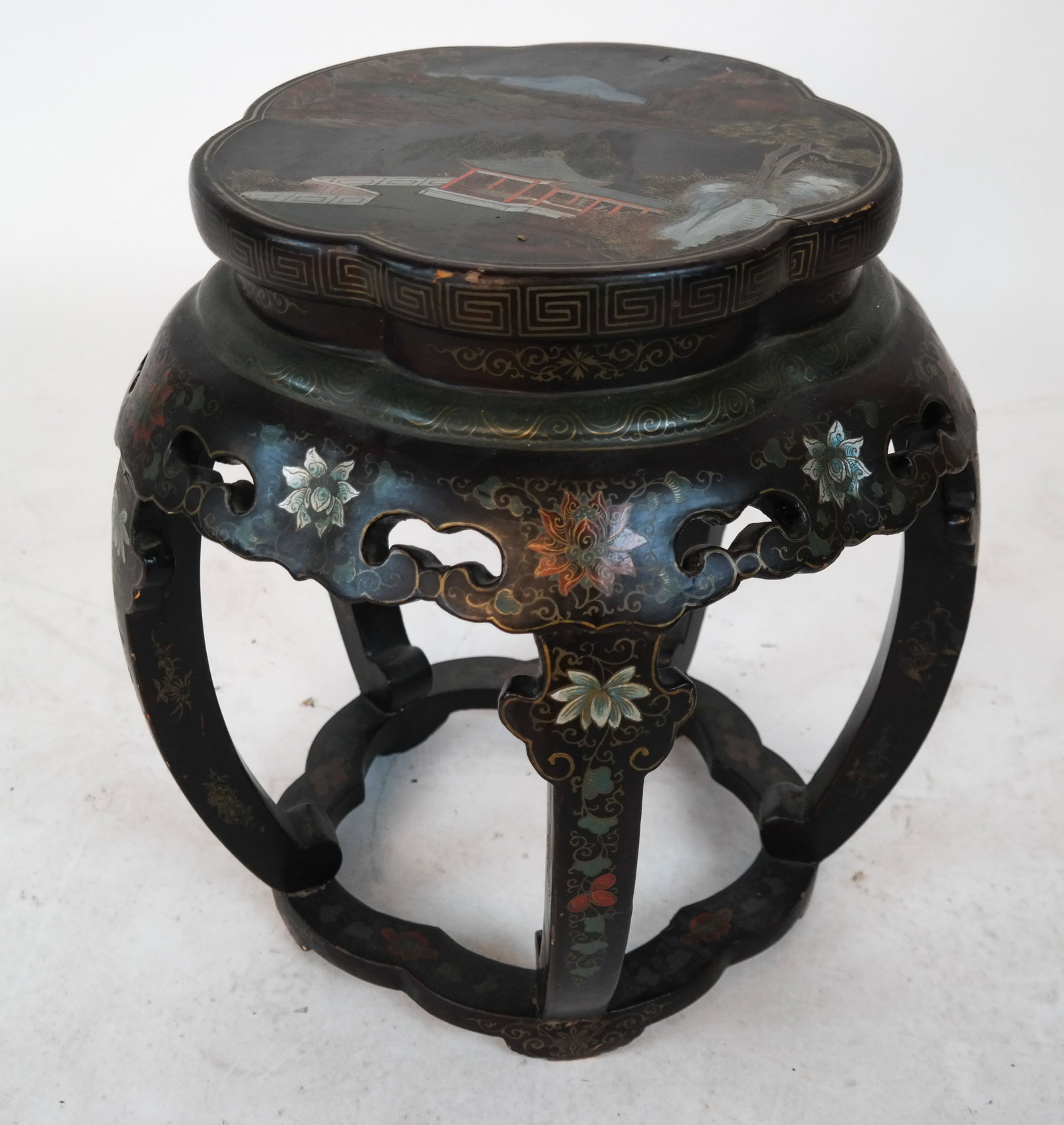 Chinese Lacquer Tabouret: Chinoiserie-style tabouret. [Largest: 19 x 13 (dia) (top) inches x 17 1/2 (dia) inches].