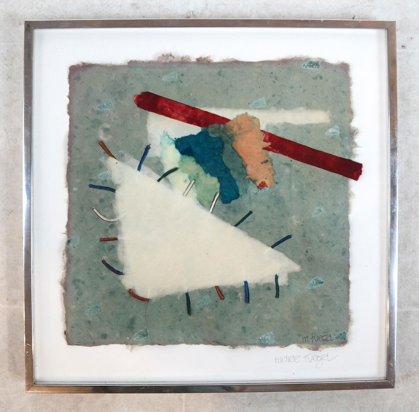 Michele TUEGEL: Abstract Collage: Michele Tuegel, "Monte Cristo", 1985, cotton and abaca fiber, dye and silk cording. [Art: 12 x 12 inches; Frame: 16 x 16 inches]. In good condition.