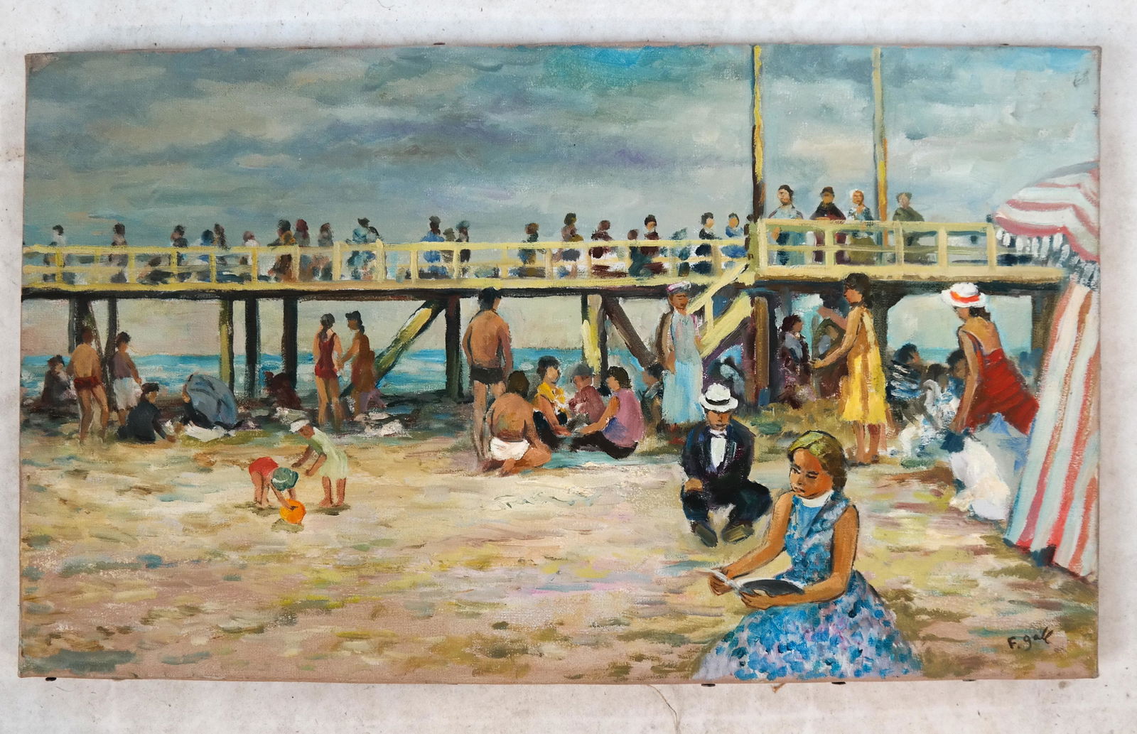 Francois GALL: Boardwalk Scene - Oil on Canvas: Unframed painting of figures on the beach and boardwalk. [10 1/2" x 18"].