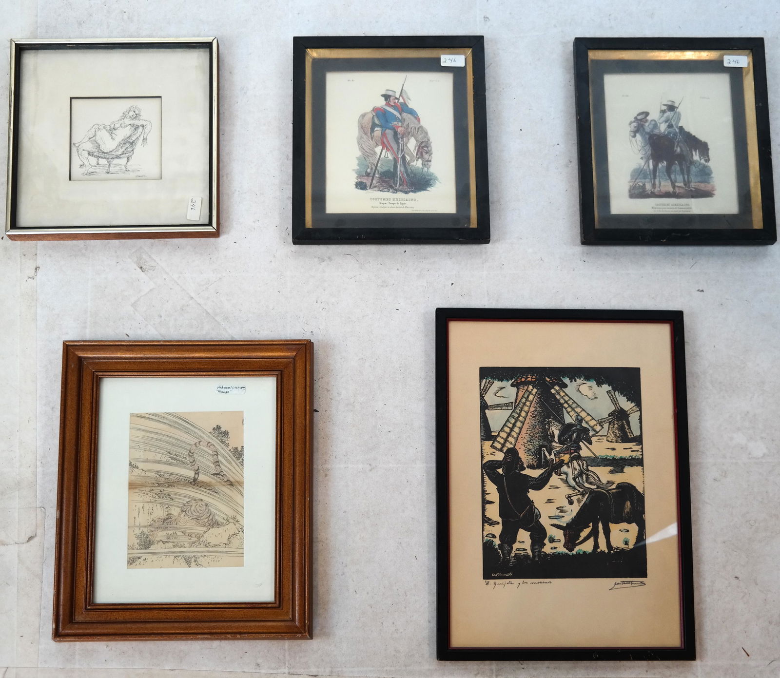 HOKUSAI: "Mania" and Others (4): Black and white print by Hokusai, together with a color lithograph of a knight, a pair of prints of Mexican soldiers, and nude by Bundick. [Largest (frame): 21 x 16 inches].