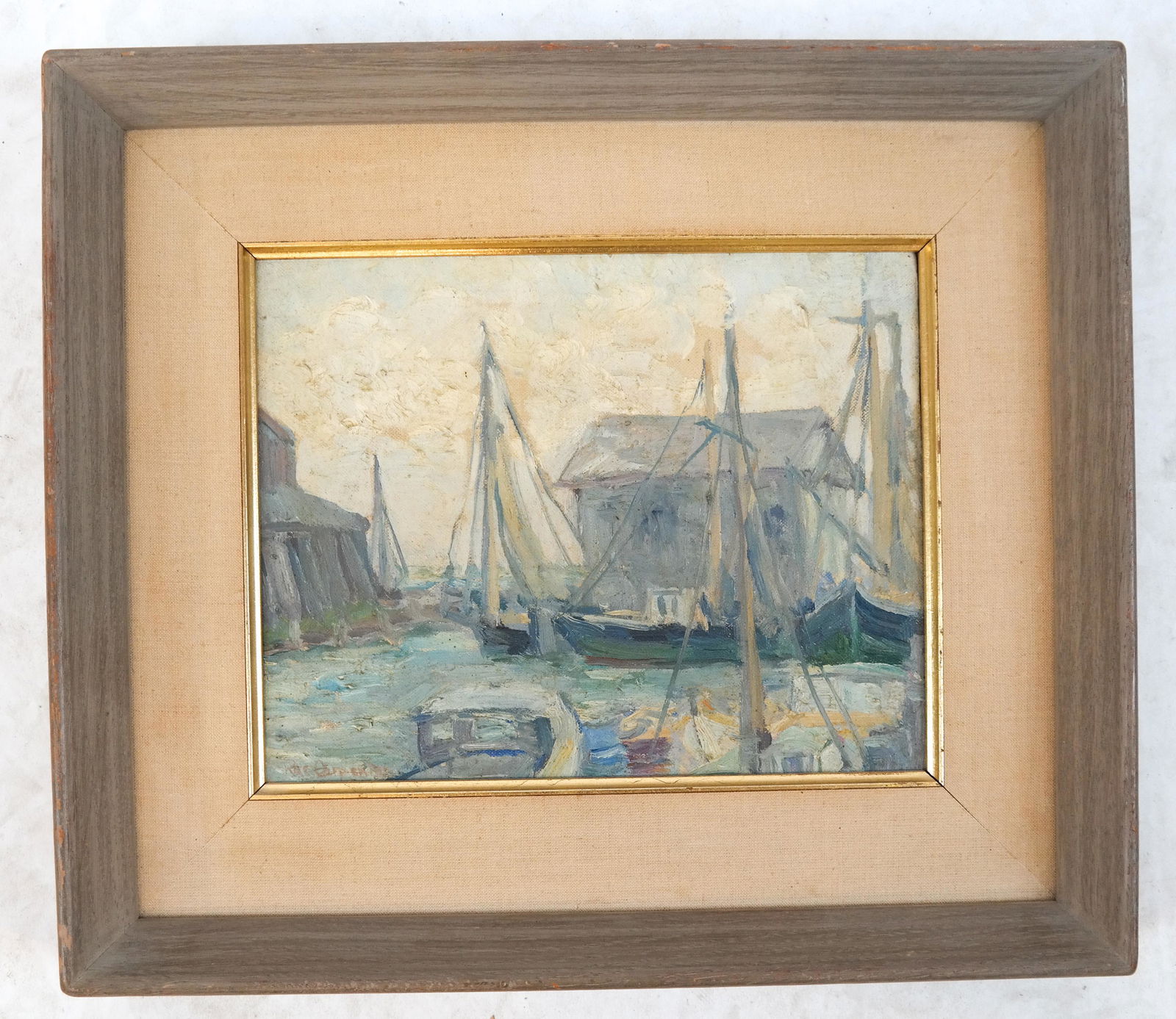 R. Carpenter (?): Docked Ships- Oil on Panel: R. Carpenter (?), docked ships, oil on panel. [Art: 7 1/2 x 9 1/2 inches; Frame: 13 1/2 x 14 1/2 inches]. In good condition.
