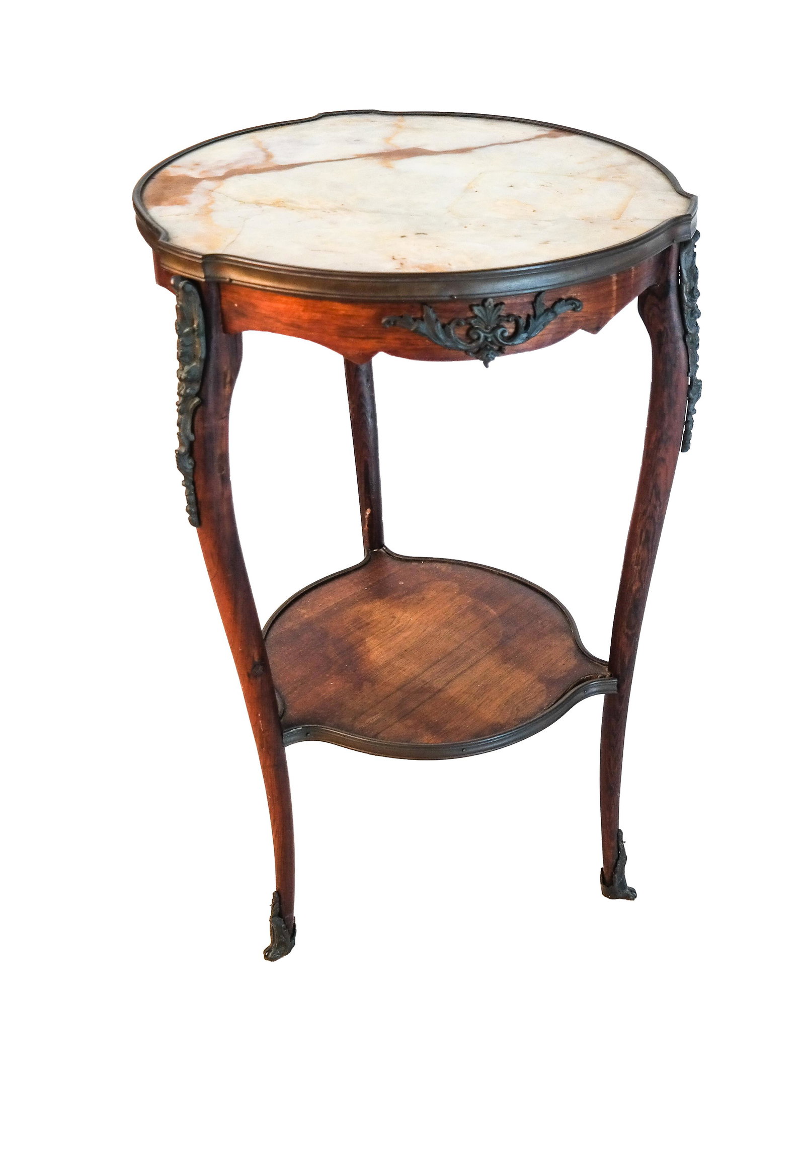 French Two-Tier Gueridon: French two-tier gueridon with an onyx top. [28 x 17 (dia) inches]. Onyx cracked; worn.