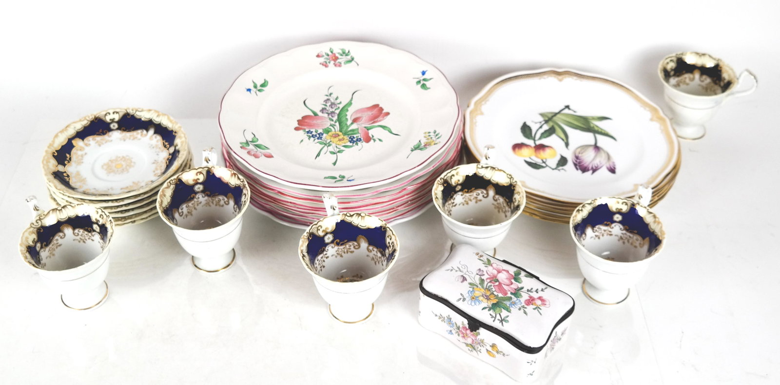 Luneville, Spode, Other Plates: Porcelain lot includes: 6 Spode, England, plates, "Fruit and Flowers Series" [9 (dia) inches], 8 Luneville, France dinner plates, in a floral design [10 (dia) inches], 1 other plate, and 6 cups/saucer