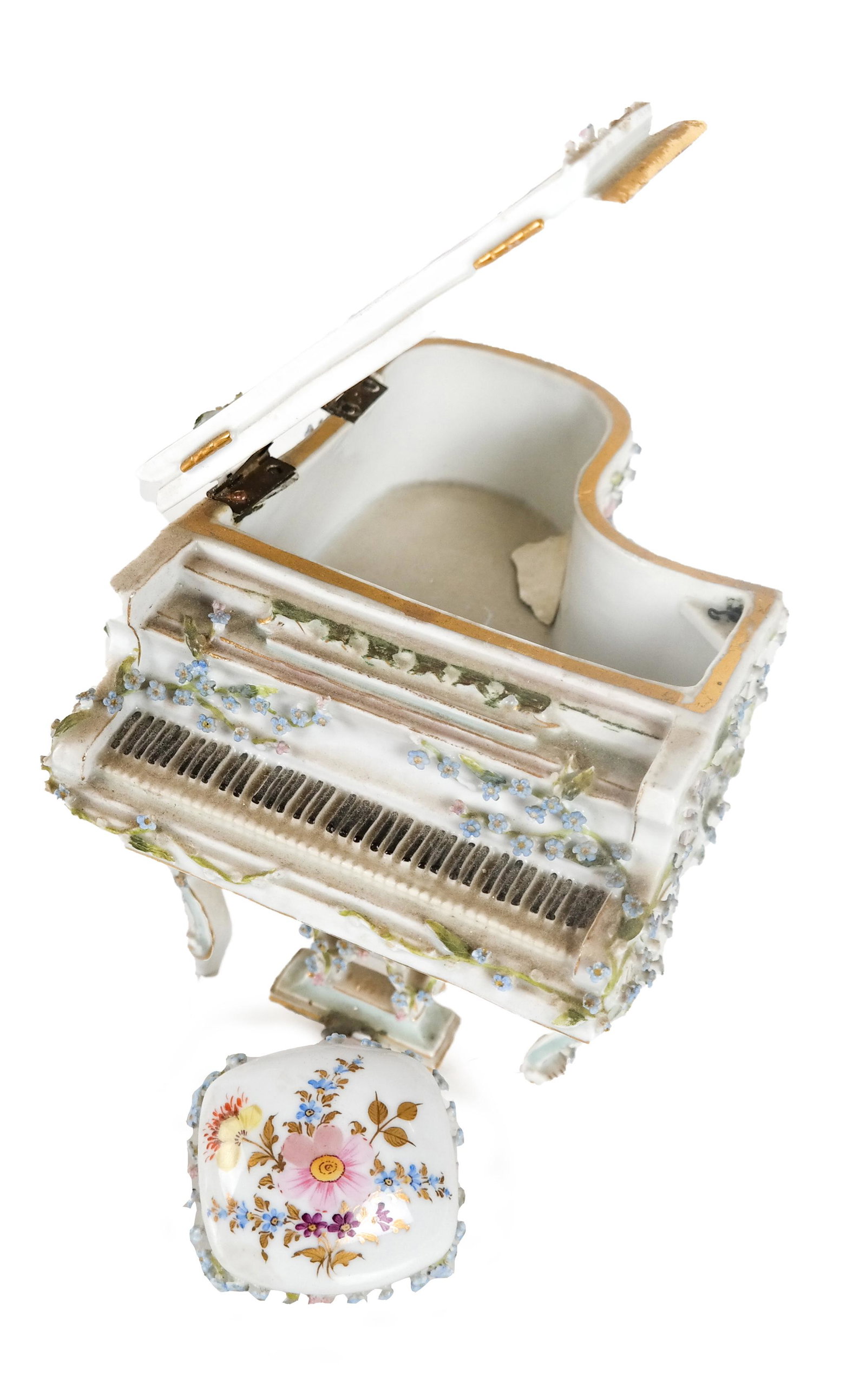 Continental Porcelain "As-Is" Piano/Bench: Continental porcelain piano/bench. [5 1/2 x 7 x 4 inches]. In "as-is" condition.
