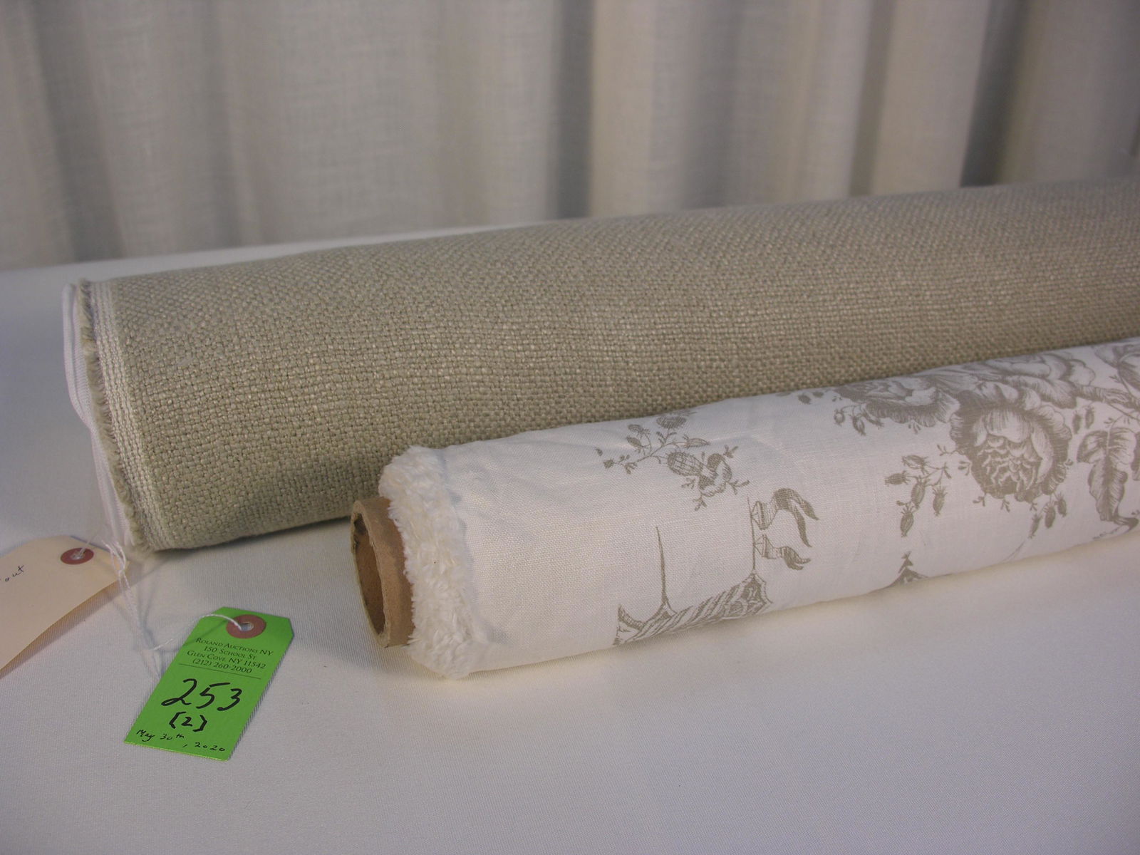 L. Behren Toile and Cowtan & Tout's Linen Fabrics: 1) 6 1/2 yards of Lee Behren Silks, Inc. "Toile Chinois," a hand printed linen in a late 18th century style. The oatmeal on ecru colorway has design repeats of 36 inches vertical by 26 inches horizont