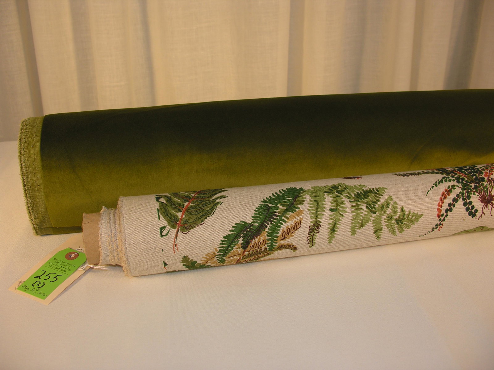 Brunschwig & Fils Ferns and Velvet Fabrics: 1) 8 yards of Brunschwig & Fils classical botanical hand printed linen of ferns called, "Les Fougeres", having an 8 screen/color design on a natural linen ground, with design repeats of 28 inches vert