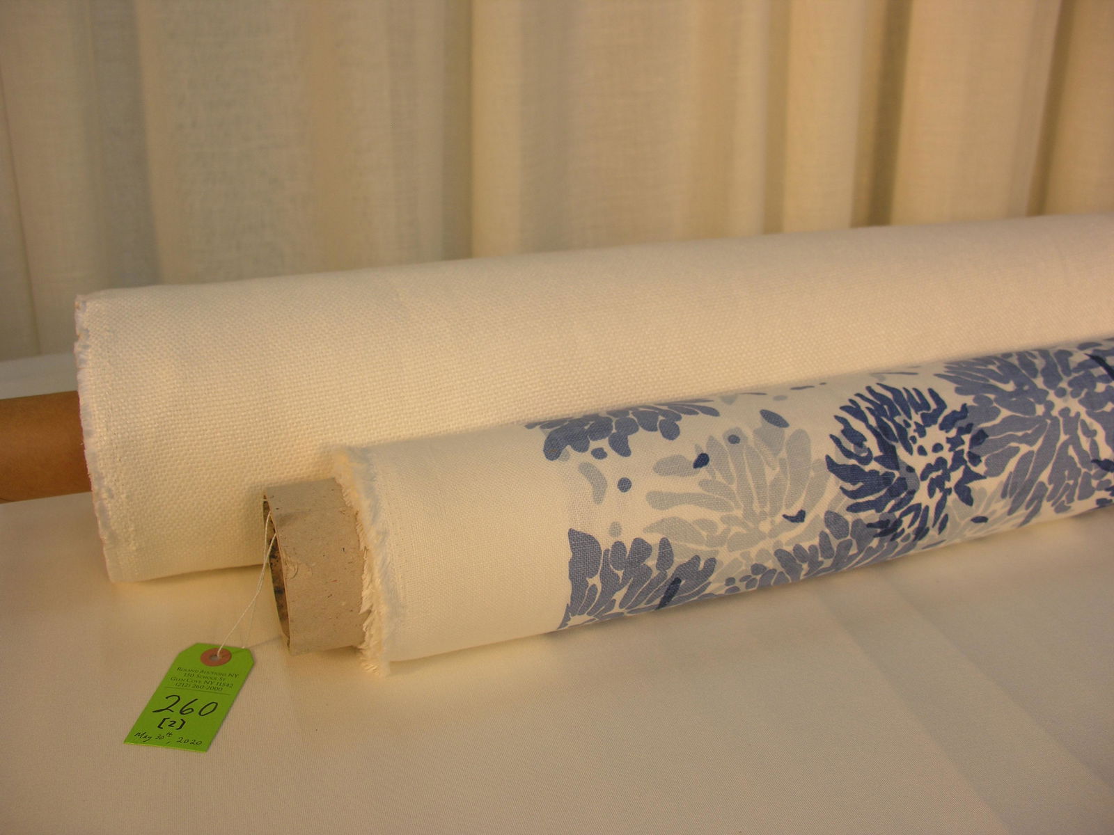 Blue & White Linen Home Fabrics: 1) 6 1/2 yards of Dek Tillet's hand printed blues on white linen, with a 52-inch printed width. The stylized "Chrysanthemums" has a design repeat of 30 inches vertical by 52 inches horizontal, a full