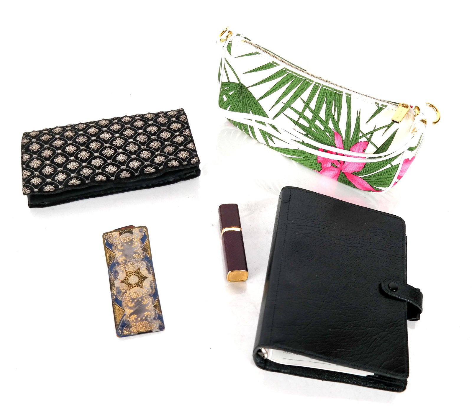 Celine Pochette, a Filofax, Otherrs: A summer pochette by Celine, a calfskin Filofax, together with a lizard refillable purse spray, a comb case, and a zipped pouch. All in very good condition.