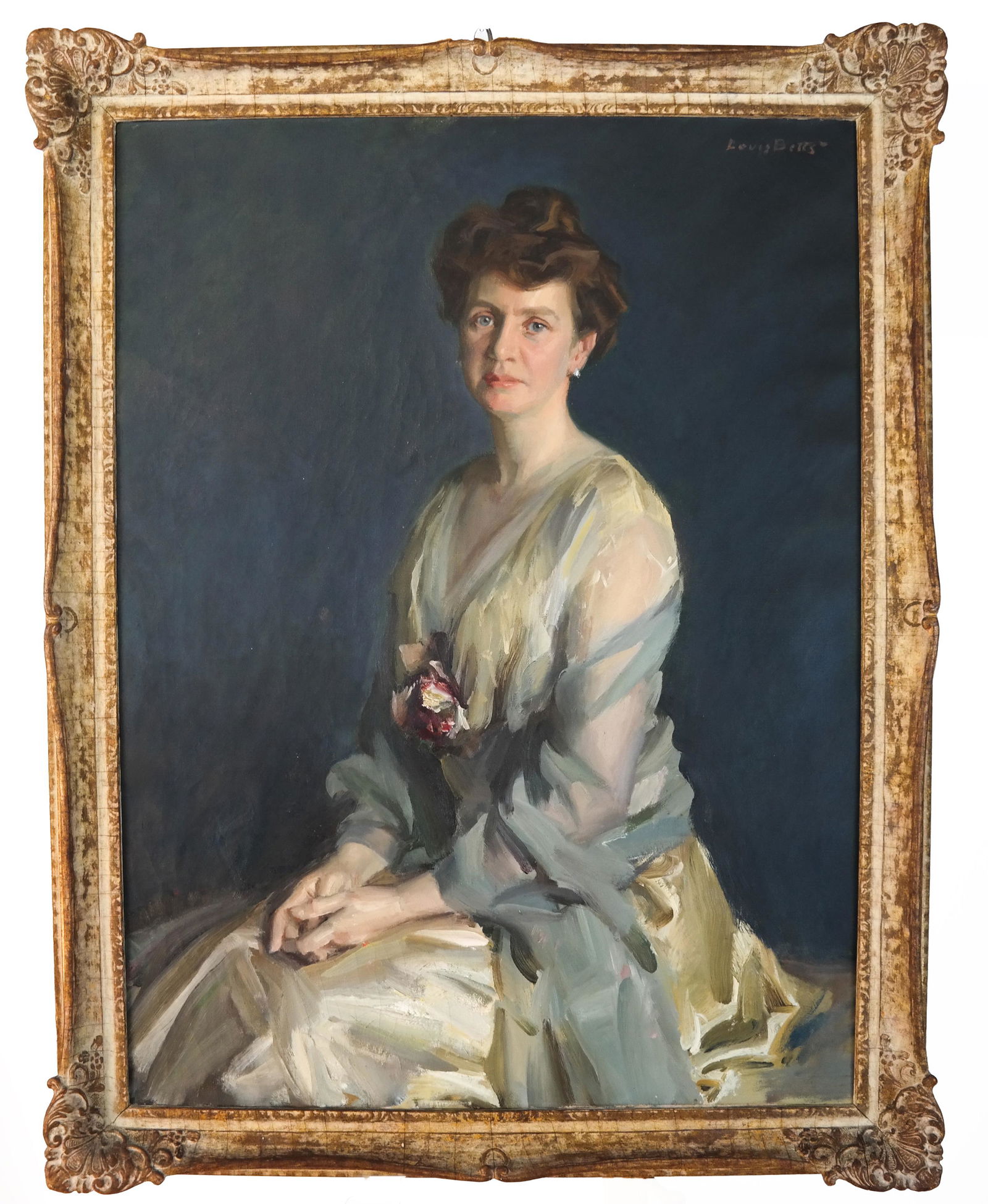 Louis BETTS: Portrait of Mrs. Crofts - Oil on Canv: Louis Betts (American, 1873-1961) portrait of Mrs. Crofts, oil on canvas, signed upper right, in ornate gilt wood frame. [Art: 40 1/2 x 30 1/4 inches; Frame: 46 1/2 x 35 1/2 inches]. In good condition
