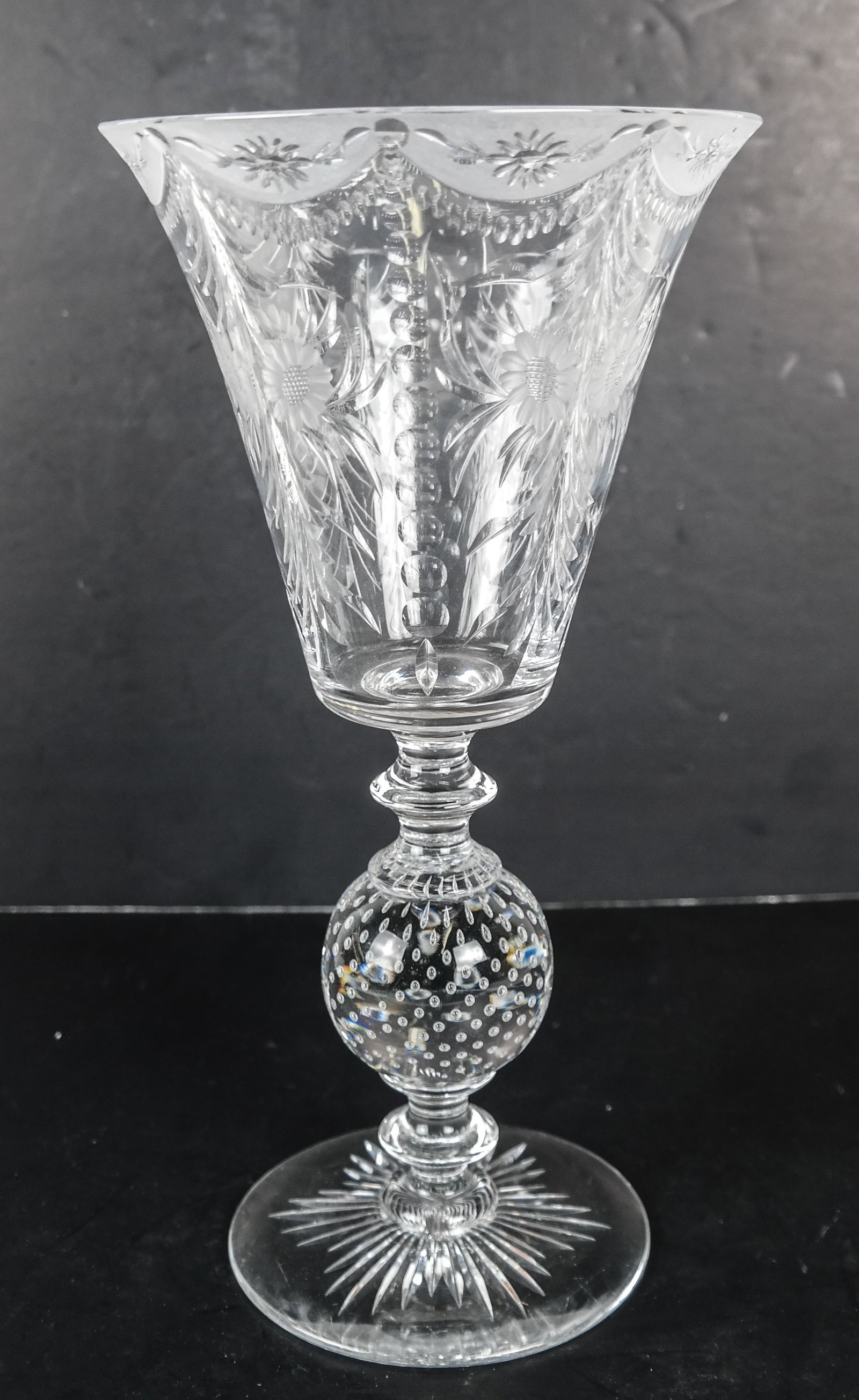 American Glass Etched Vase: Antique clear crystal vase. [12 x 6 (dia) inches]. In good condition.