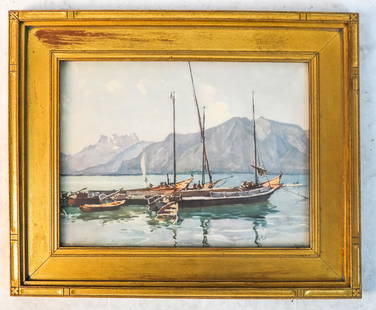 Ethel MARS: Sailboats - Watercolor: Ethel Mars (1876-1956) original watercolor, framed and matted under glass, depicting sailboats in a bay, signed. Ethel Mars, frorm Springfield, Illinois, is known for portraits and landscape art. Labe