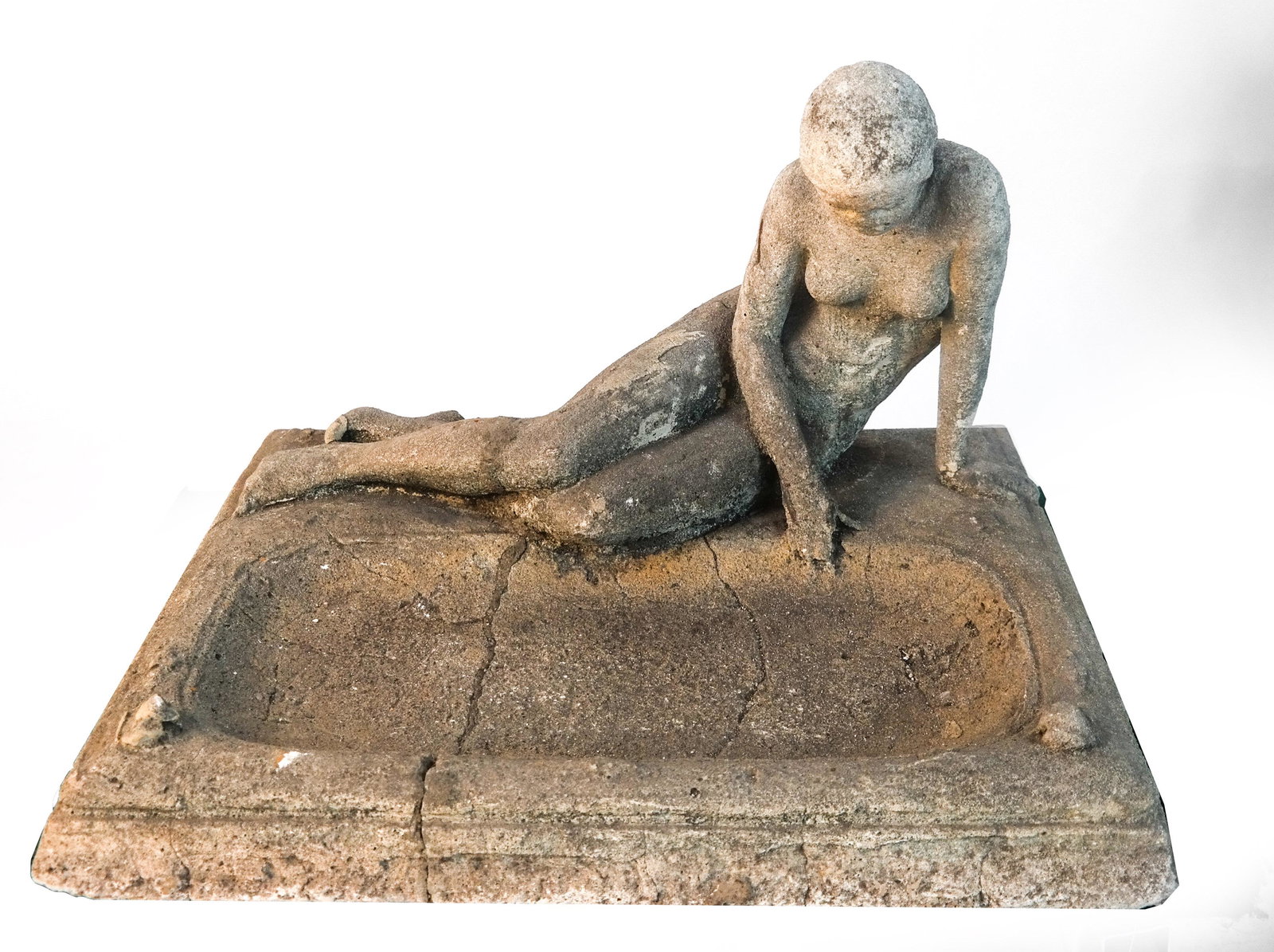 Late 19th-Early 20th C. Nude Sculpture in Limeston: Limestone sculpture / bird bath, with seated female nude. [16 x 25 x 19 1/2 inches]. Splits appear to be on surface only.