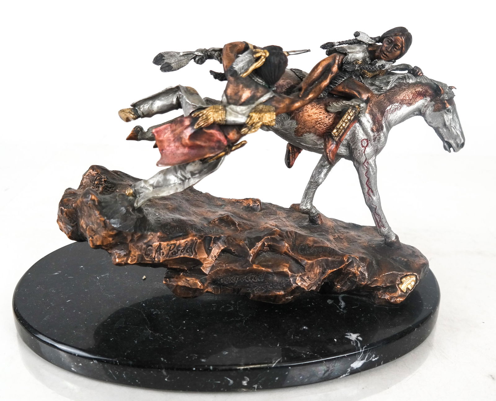 C.A. PARDELL: Native American Indians Sculpture: C.A. Pardell "Unexpected Rescuer", Edition 584/950, chief registrar M. Stevens, date 7/8/91. Certificate of ownership available to successful bidder. [8 1/2 x 11 1/2 x 7 1/2 inches].