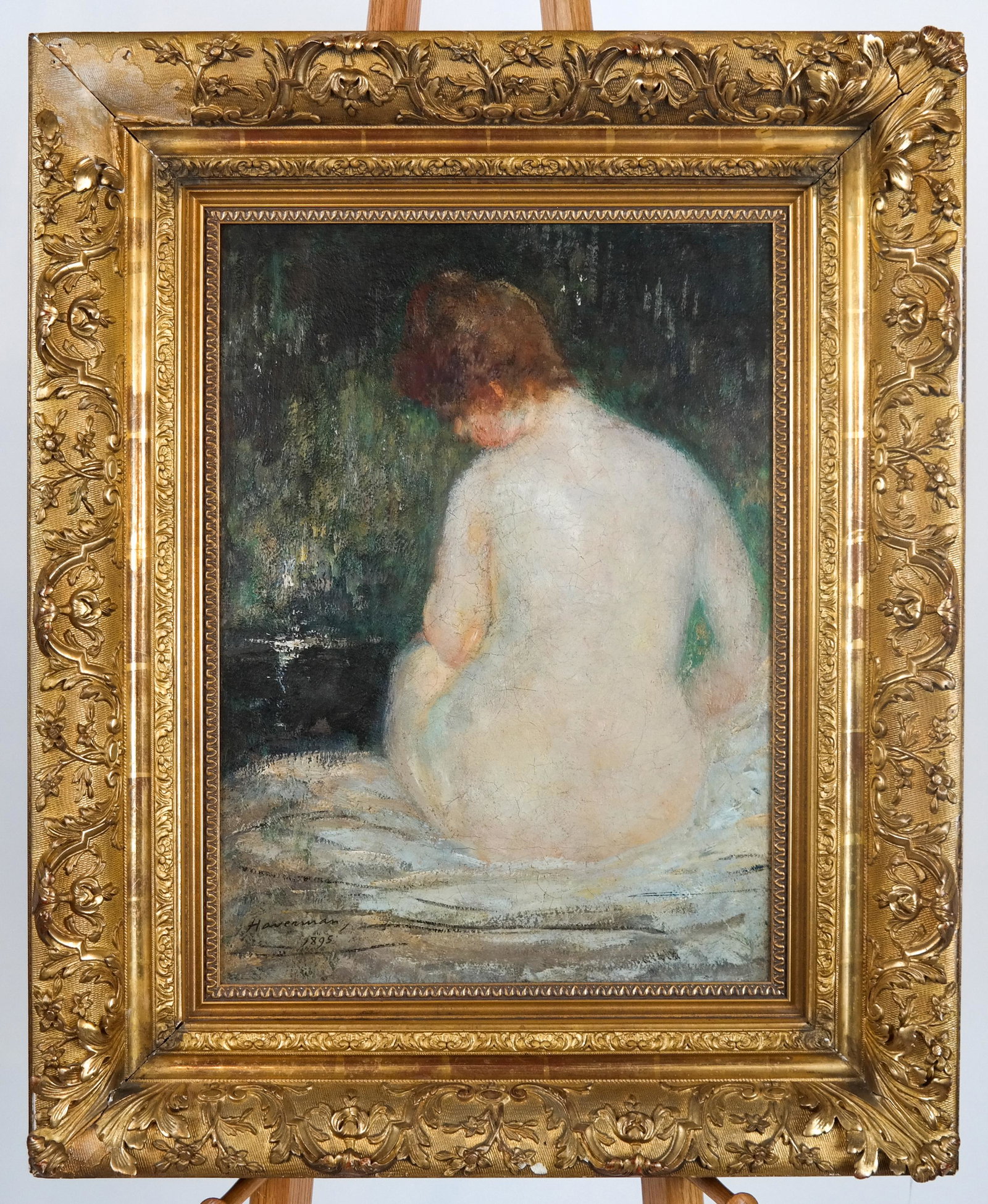 Hendrik HAVERMAN: Impressionist Nude Bather - O/C: Impressionist oil on canvas of a nude bather by a pond, by Hendrik J. Haverman (Dutch, 1857-1927), in an ornate gilt wood frame. Signed lower left, dated 1895. [Art: 22 1/2 x 16 1/2 inches; Frame: 33 