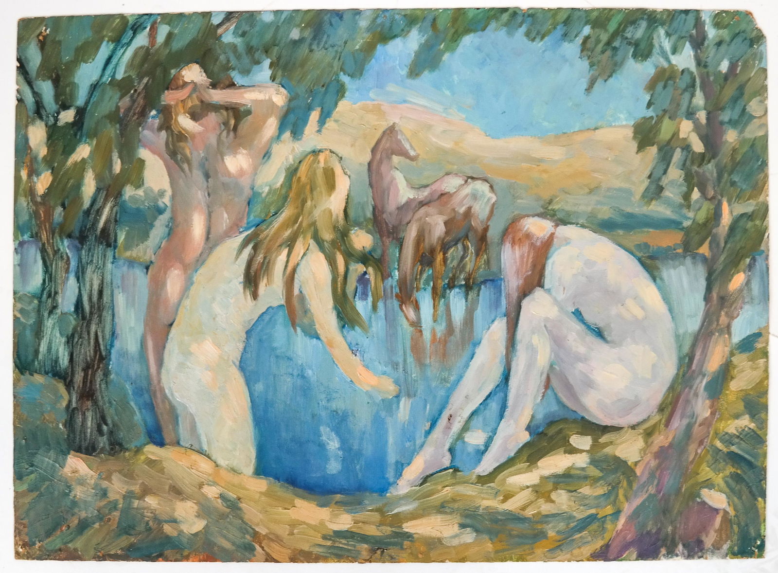 20th C. Russian: "Bathers" - Oil on Cardboard (1 of 5)