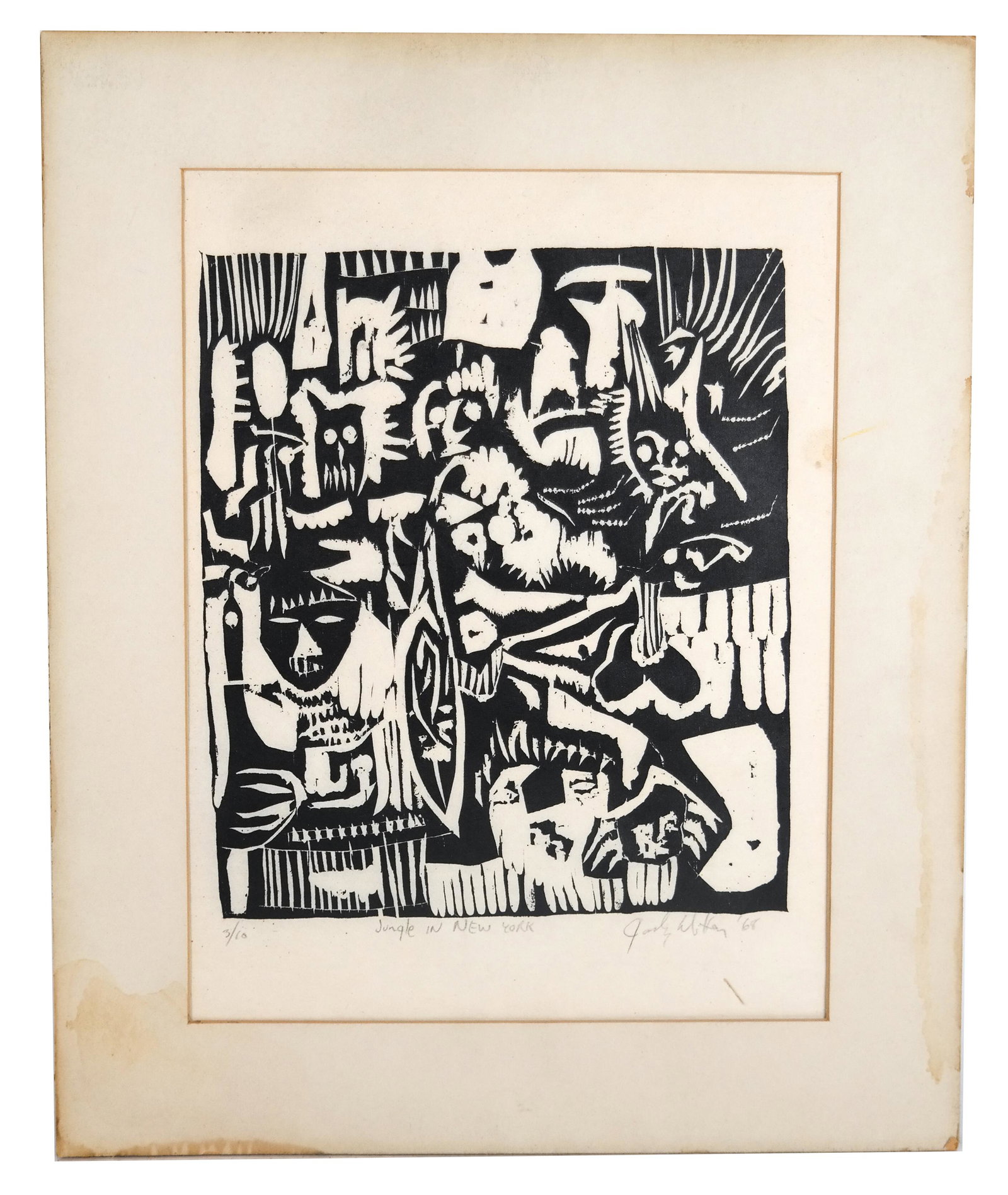 Woodblock Print: "Jungle in New York": Woodblock print titled," Jungle in New York", ed.3/10, not framed. [Art: 9 1/2 x 8 inches; Mat: 16 1/2 x 13 1/2 inches]. Age toning.