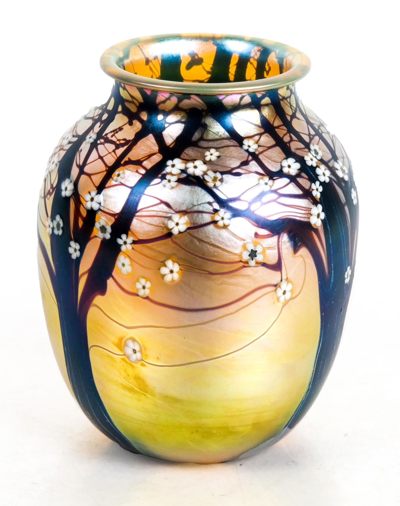 Orient & Flume Millefiore Glass Vase: Orient & Flume millefiore decorated ovoid-form iridescent glass vase. [5 3/4 x 4 3/4 (dia) inches]. In good condition; no chips.