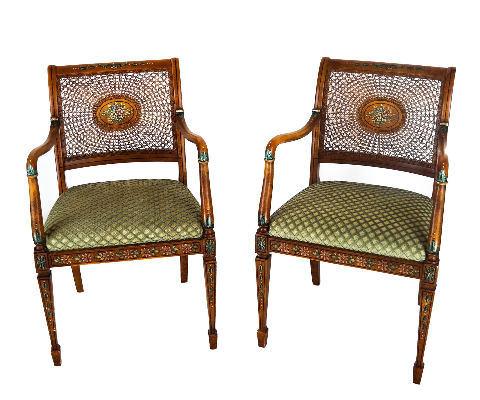 Pair Regency-Style Paint Decorated Caned Arm Chairs (1 of 9)