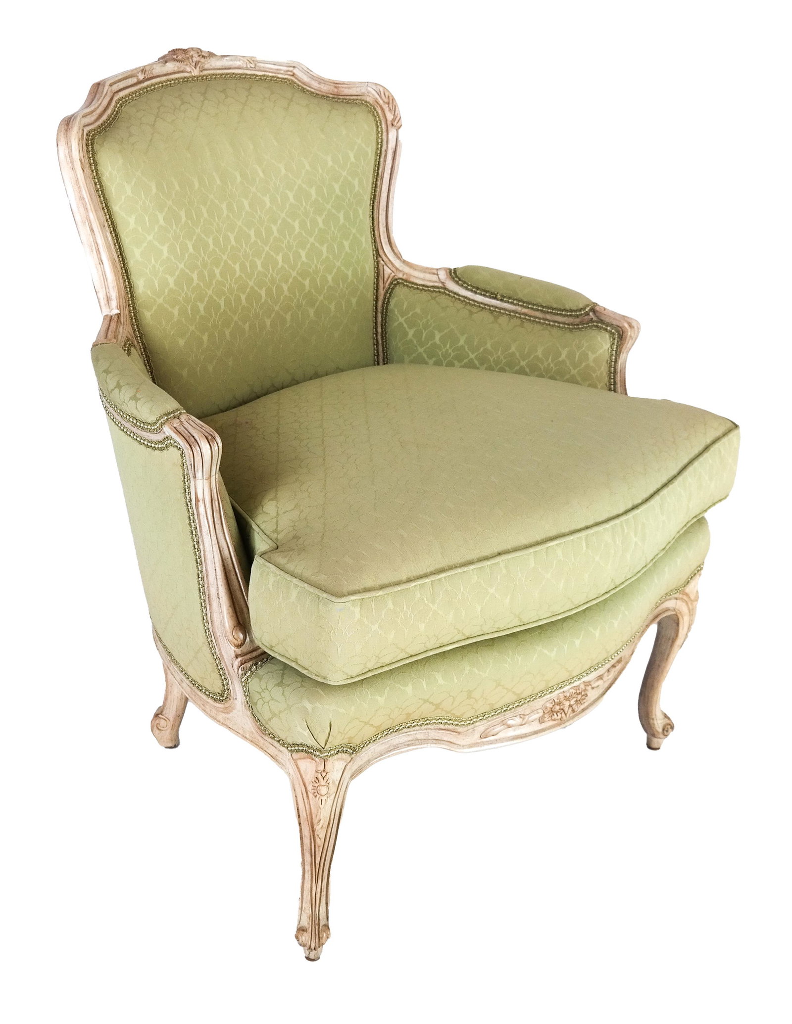 Louis XV-Style White Painted Upholstered Bergere: Louis XV-style white painted and upholstered bergere. [34 x 26 1/2 x 23 inches].