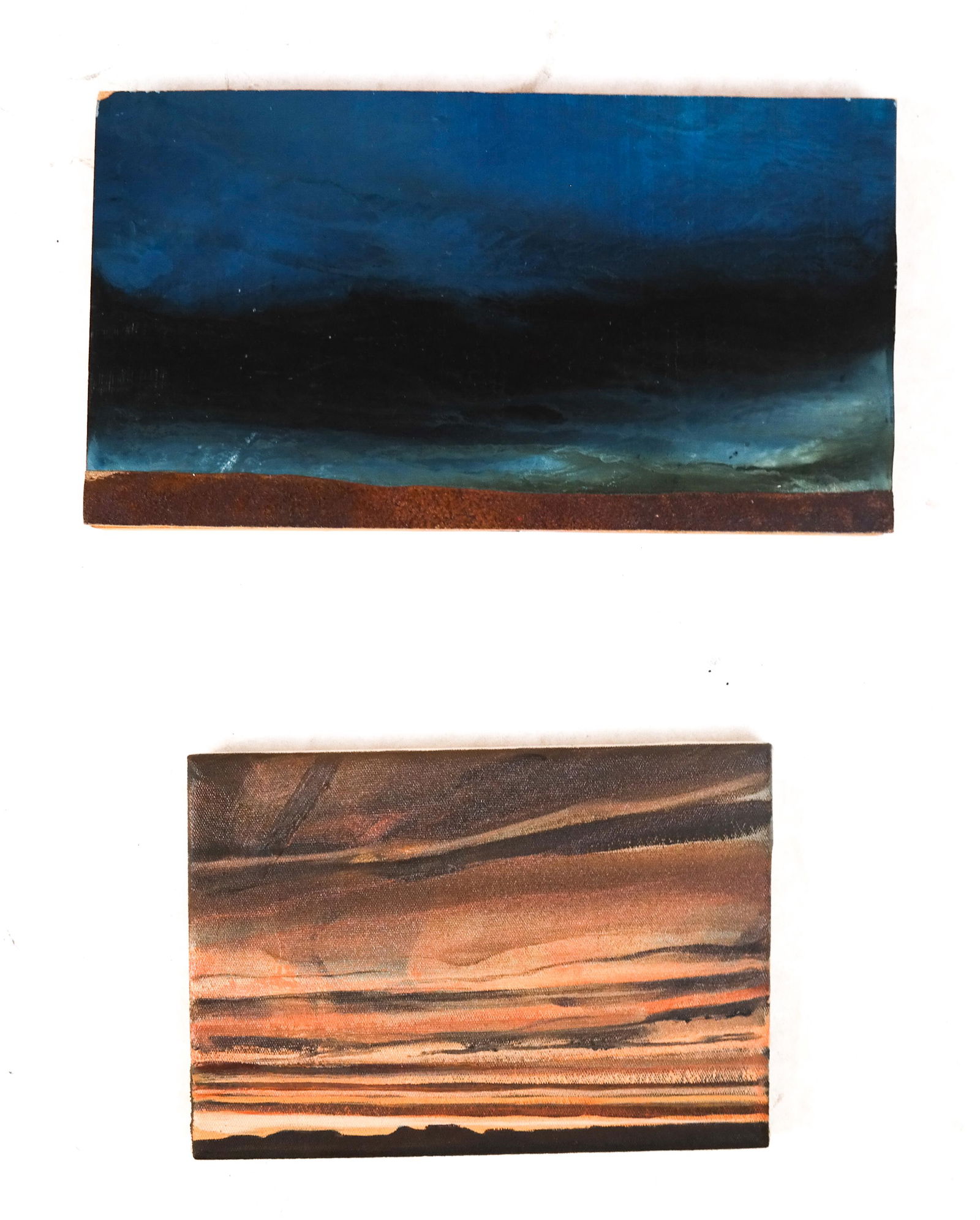 Matt PHILLIPS: Two Unframed Works - Oil, M/M: 1) "Dusk Falling", oil on canvas, 2005 [7 x 10 inches] and 2) "Stormy Landscape" oil, wax, shellac, leather on board [7 1/2 x 13 1/2 inches]. In good condition.